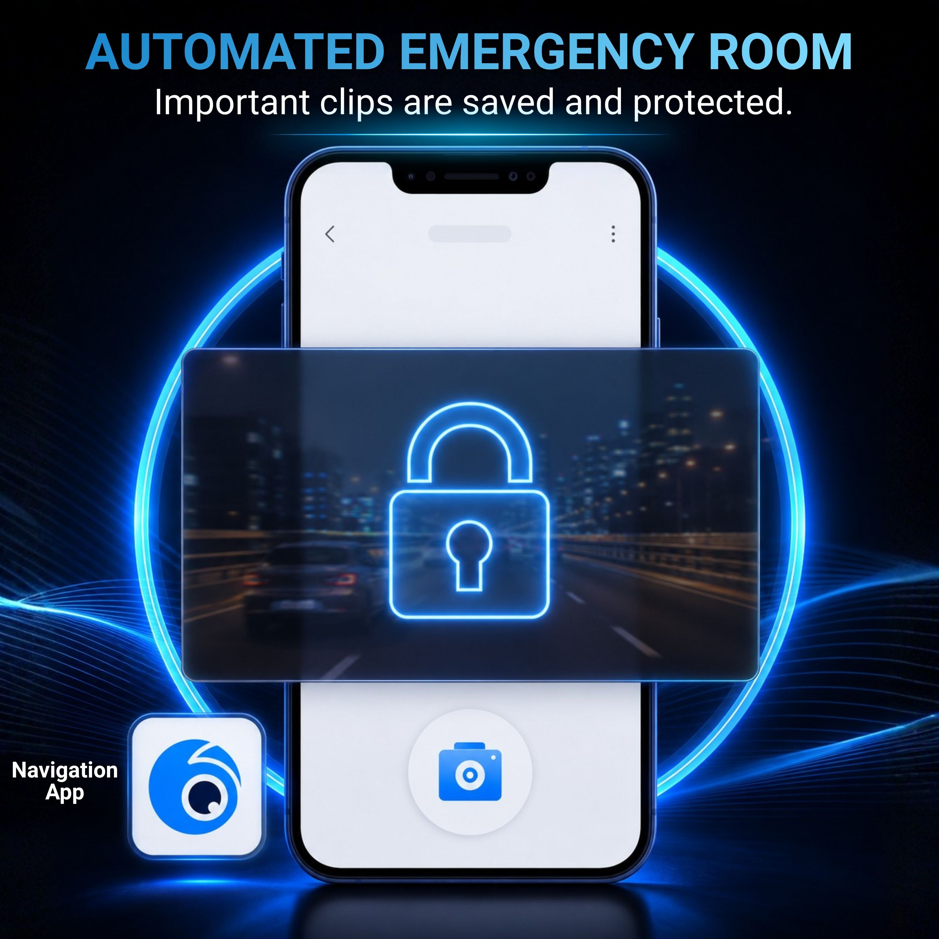 Un smartphone muestra un icono de candado azul brillante sobre una escena borrosa de autopista nocturna.