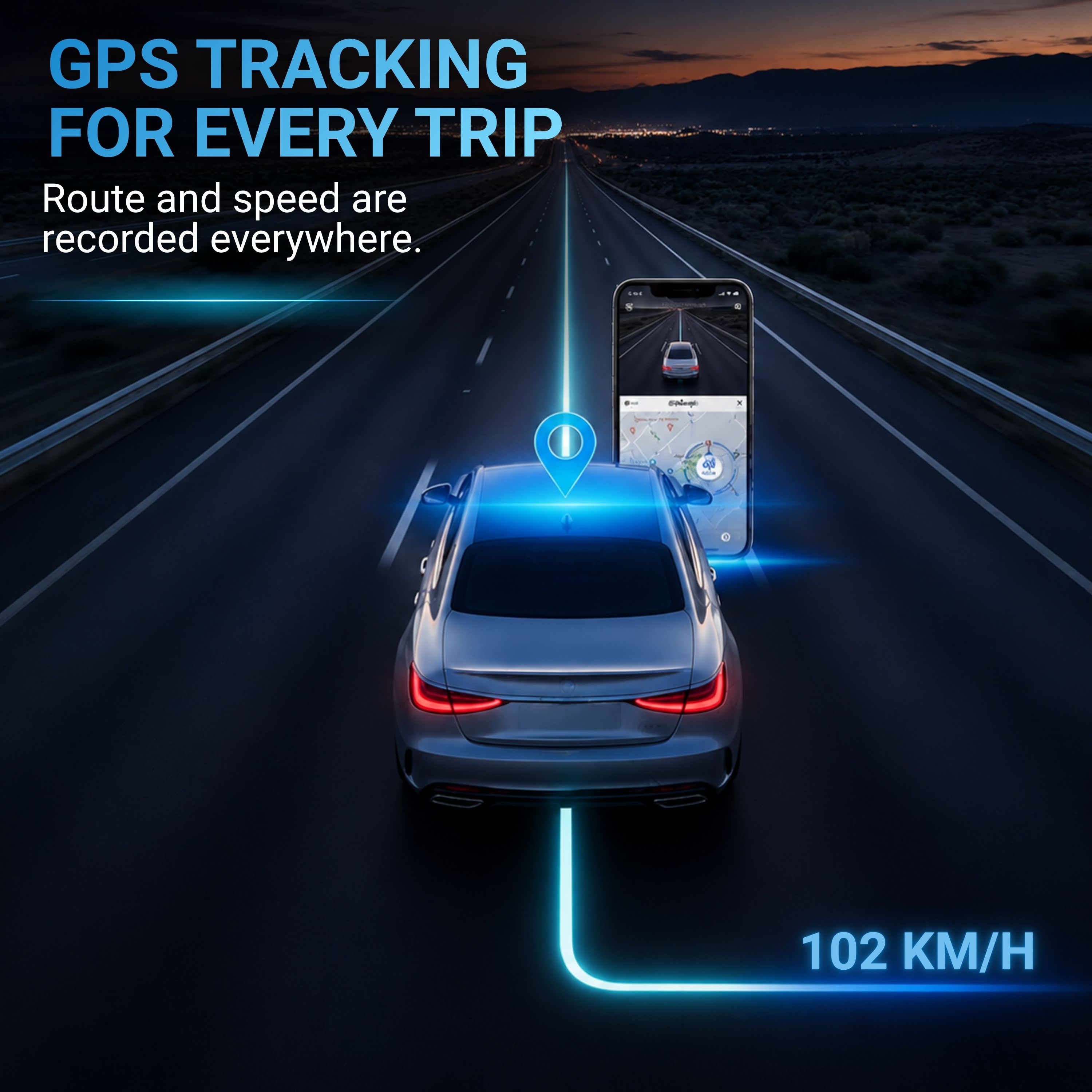 Coche en autopista nocturna, interfaz de GPS muestra ruta y velocidad de 102 KM/H.
