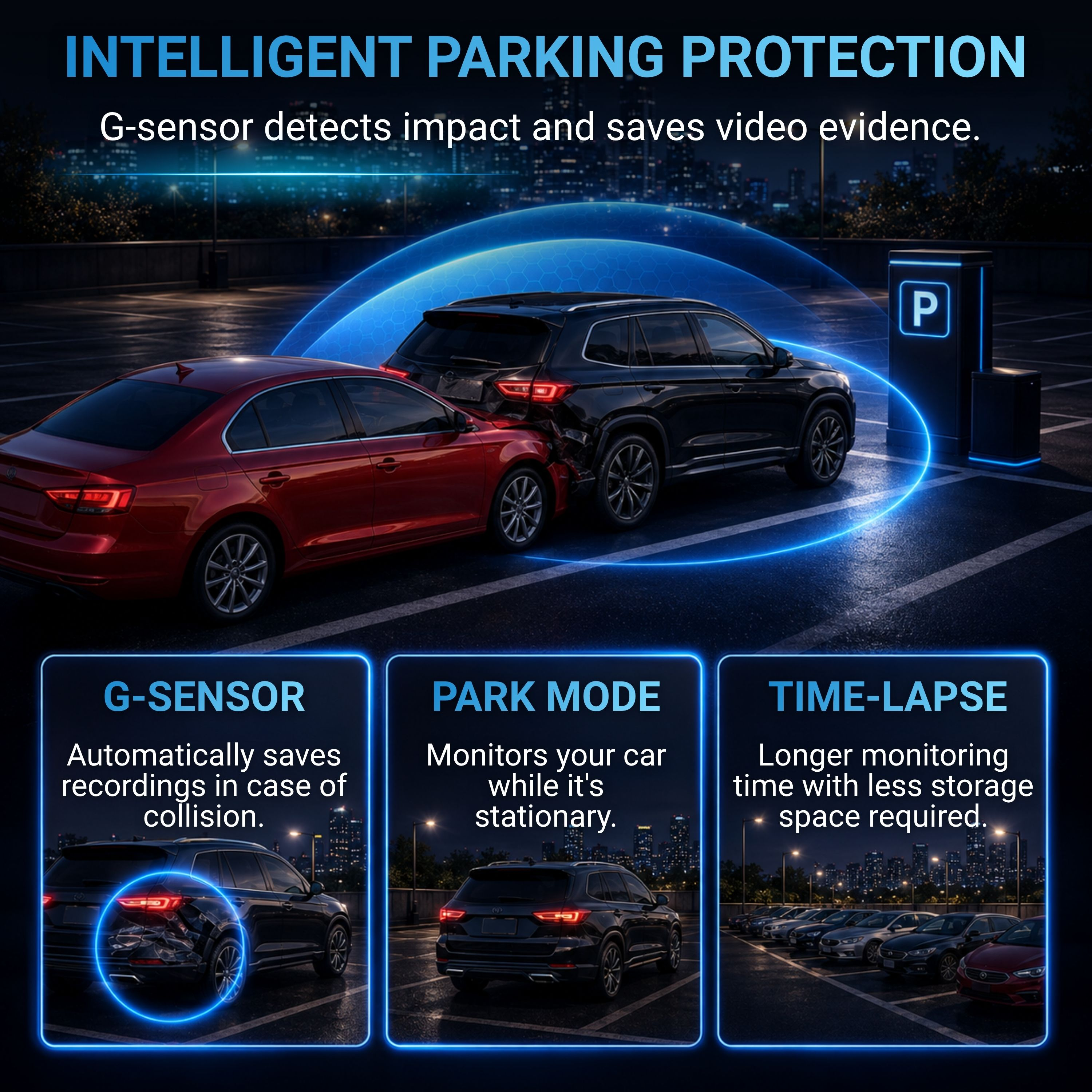 Estacionamiento nocturno: coches chocan, G-sensor detecta impacto. Modo aparcamiento, lapso.