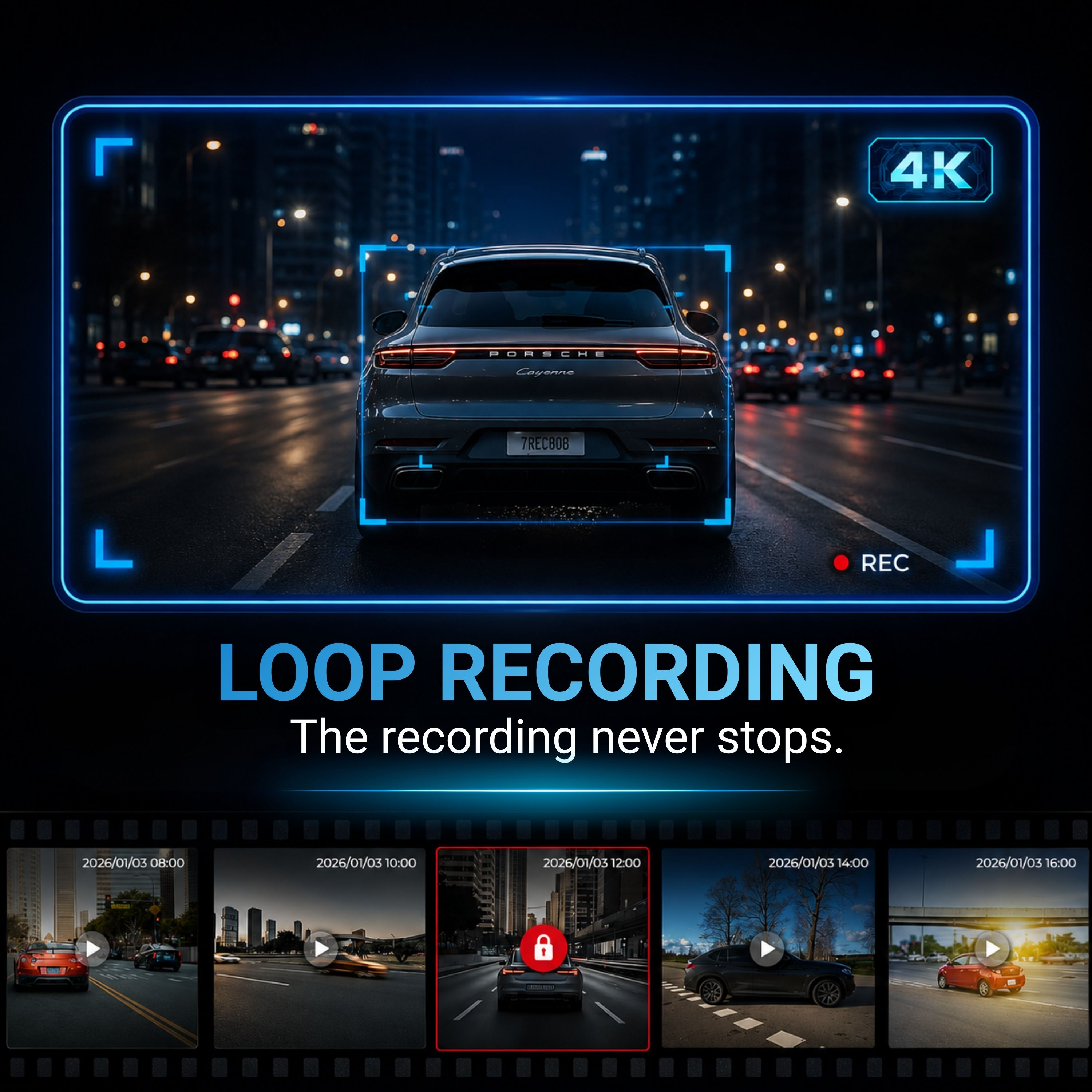 Un Porsche Cayenne conduce de noche en una ciudad, grabación 4K.