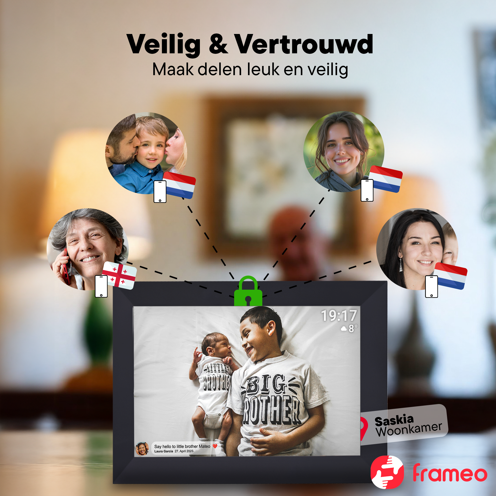 Digital photo frame shows babies and family, connected via flags and icons.