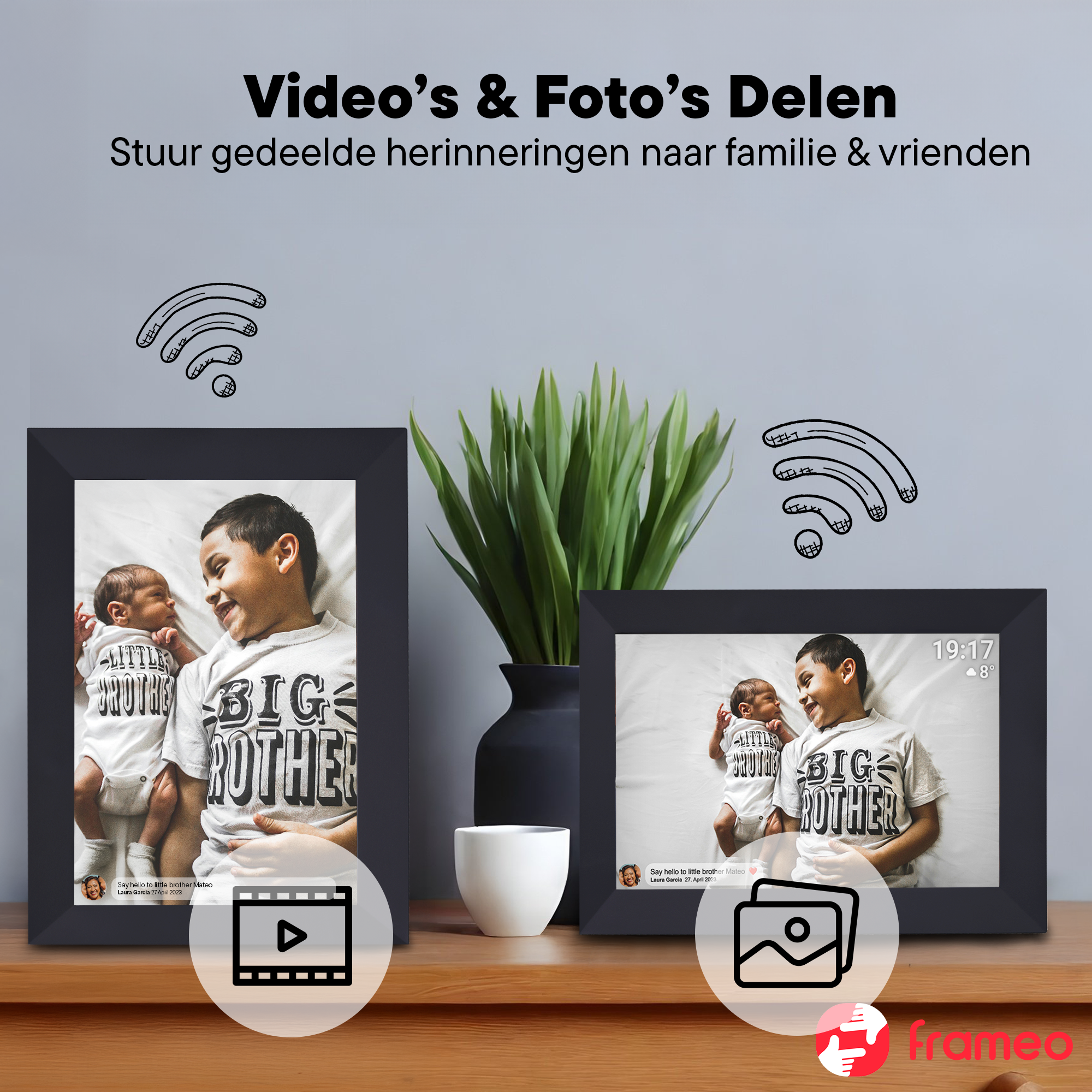 Two digital frames show brothers. One shows a baby and toddler, the other a toddler.