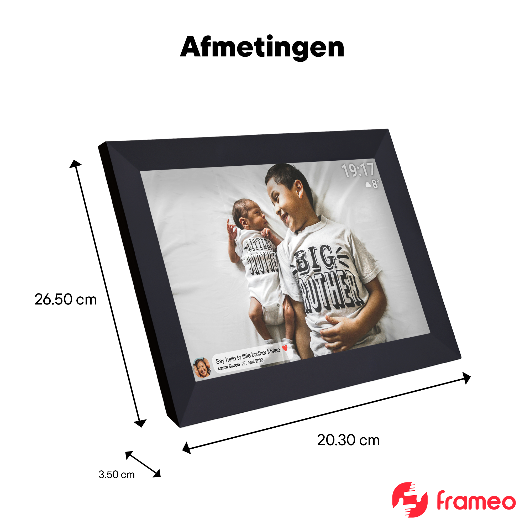 A digital frame shows two boys. Dimensions are 26.50 x 20.30 x 3.50 cm.