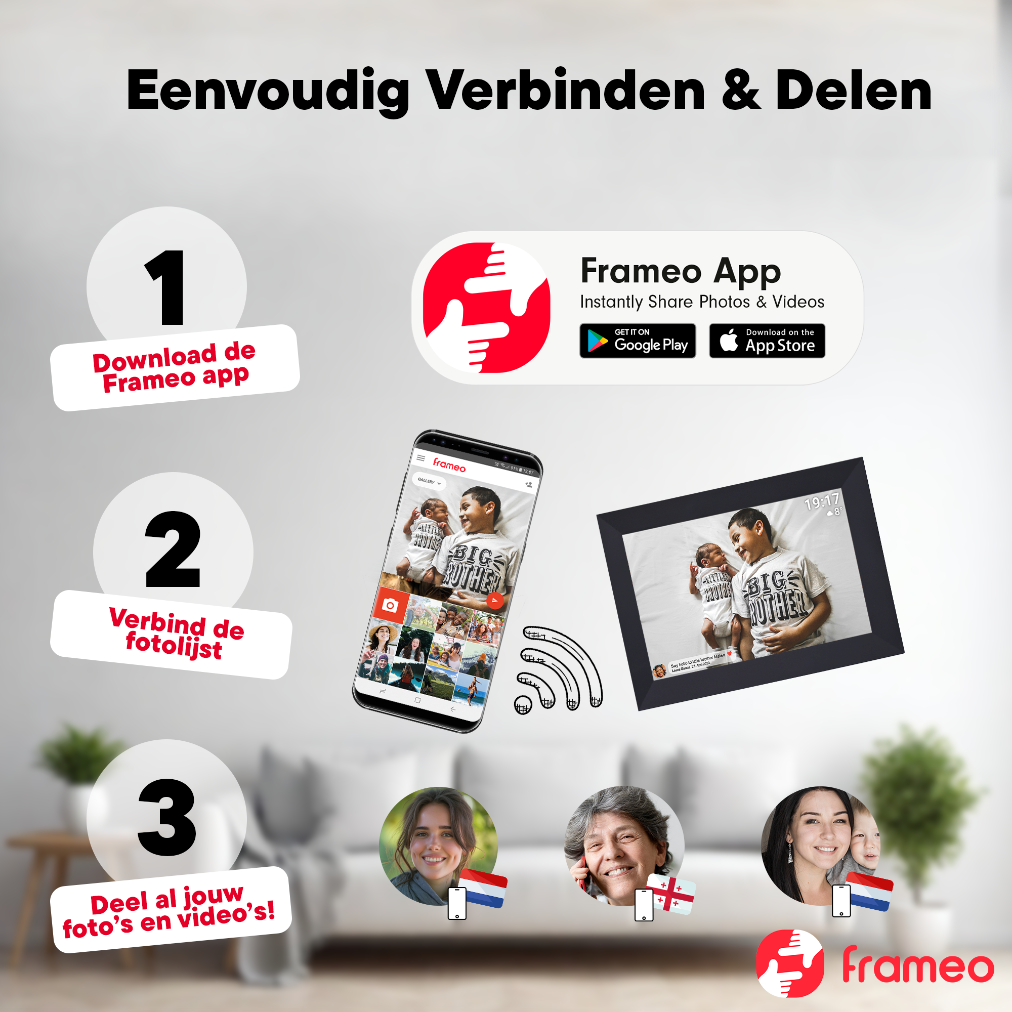 Guide: Download app, connect frame, share photos. Features phone & digital frame.