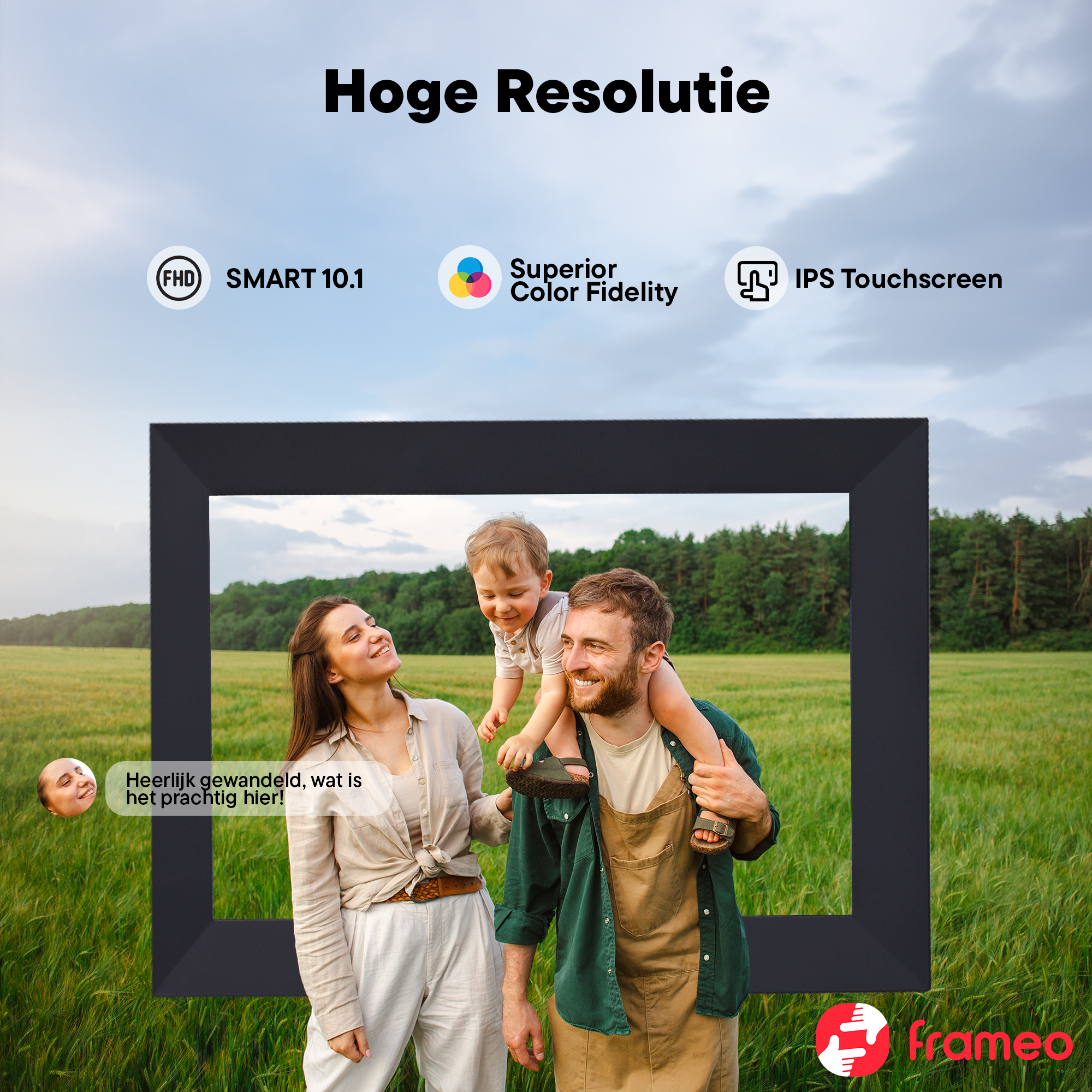 Family in a field within a black frame, with text about resolution.