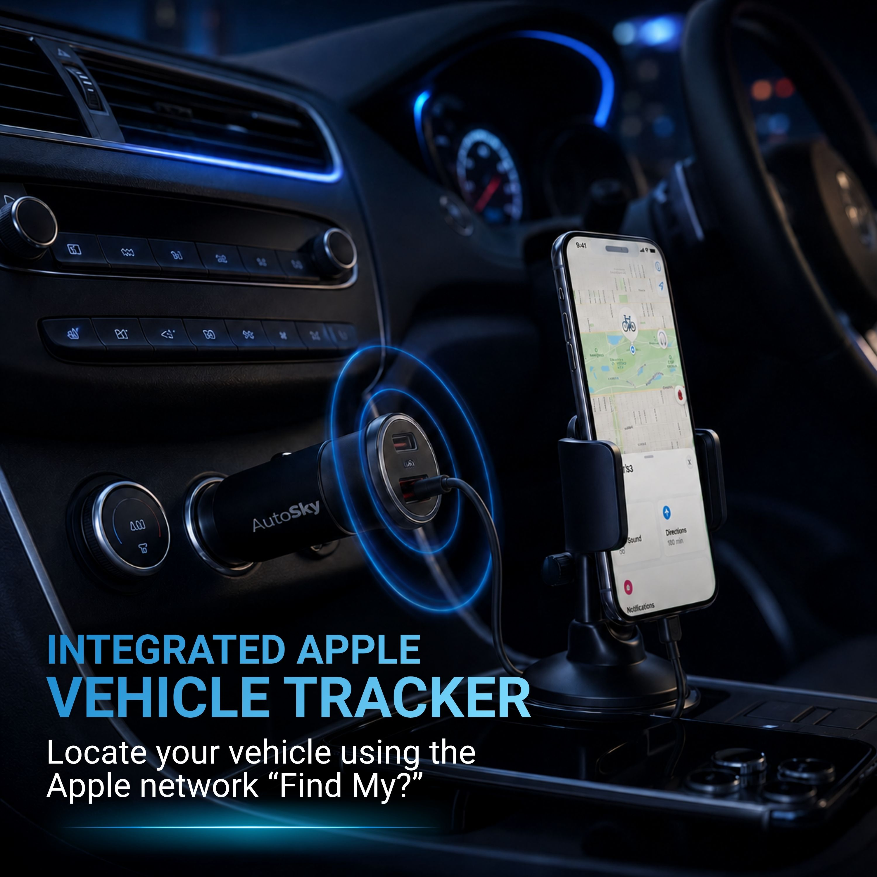 Autoinnenraum mit Ladekabel, Handy mit Karten-App und blauen Lichtern. Integrierter Apple-Fahrzeugtracker.