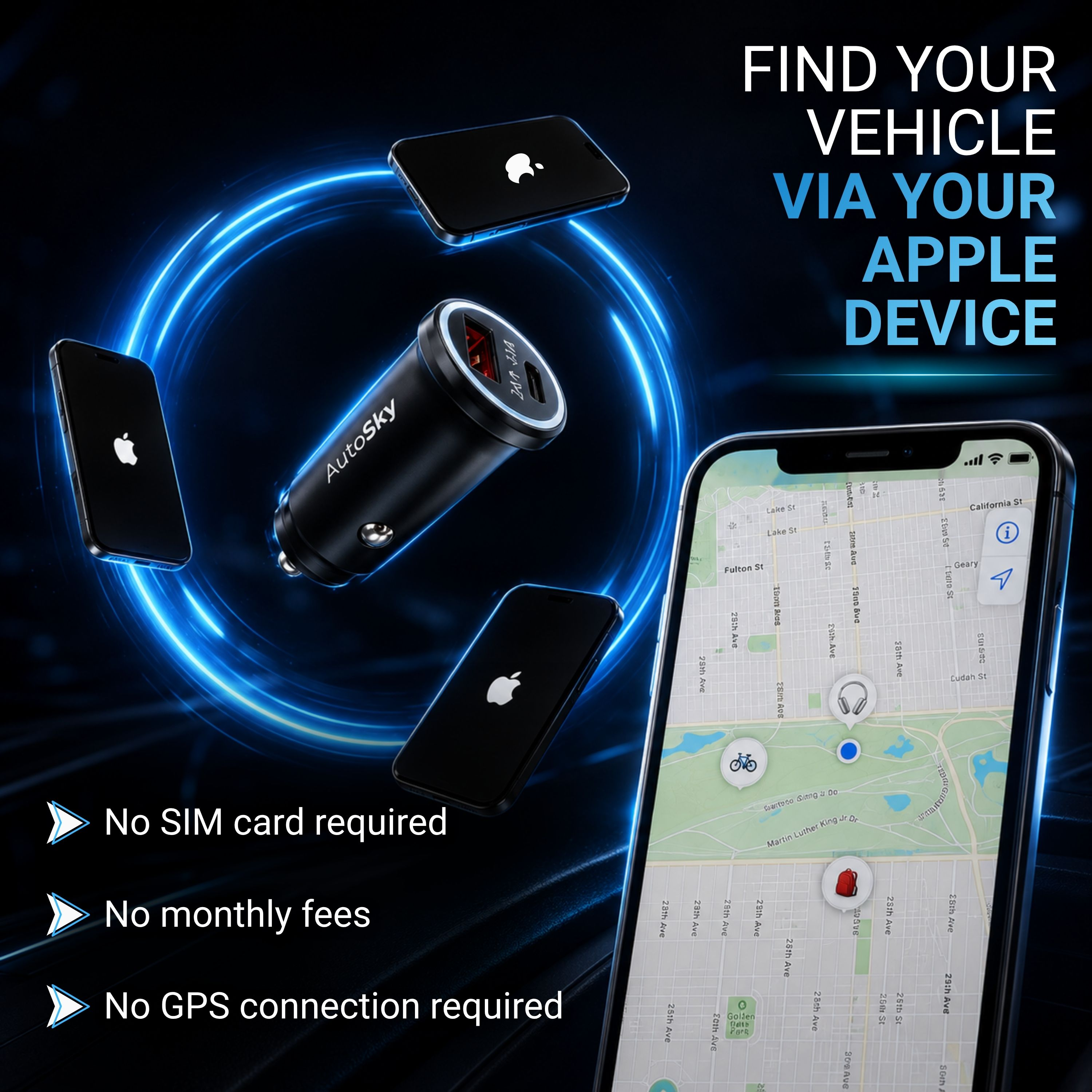 Ein Auto-Ladegerät und drei iPhones mit leuchtenden blauen Ringen.