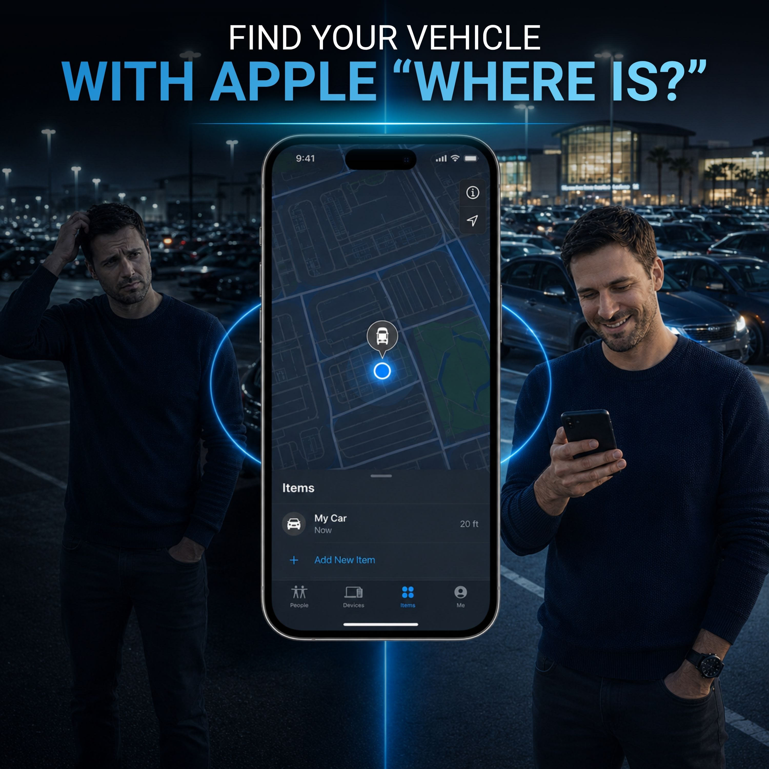 Zwei Männer in einem Parkhaus bei Nacht. Einer schaut verwirrt, der andere auf sein Handy.