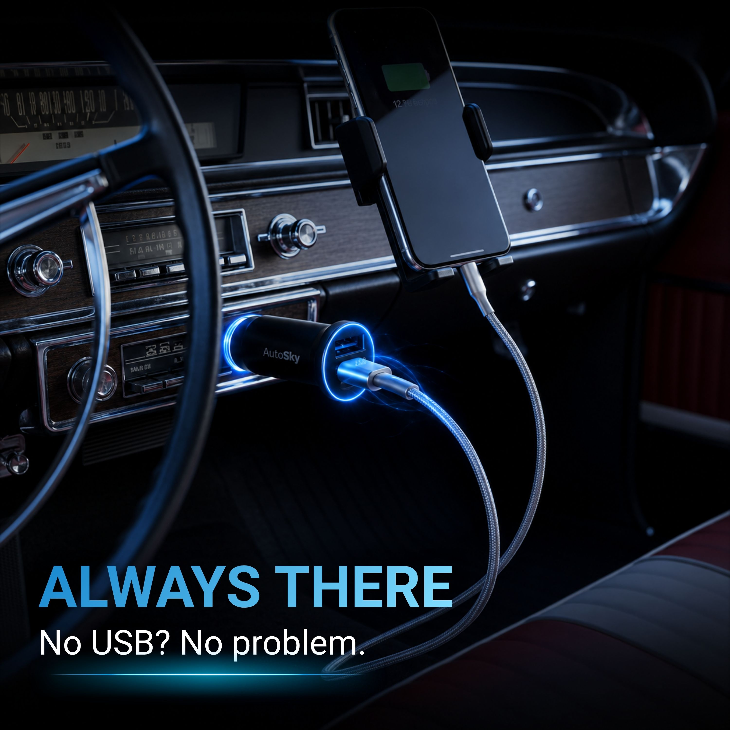 Auto-Ladegerät mit blauer LED und iPhone, das im Auto geladen wird.
