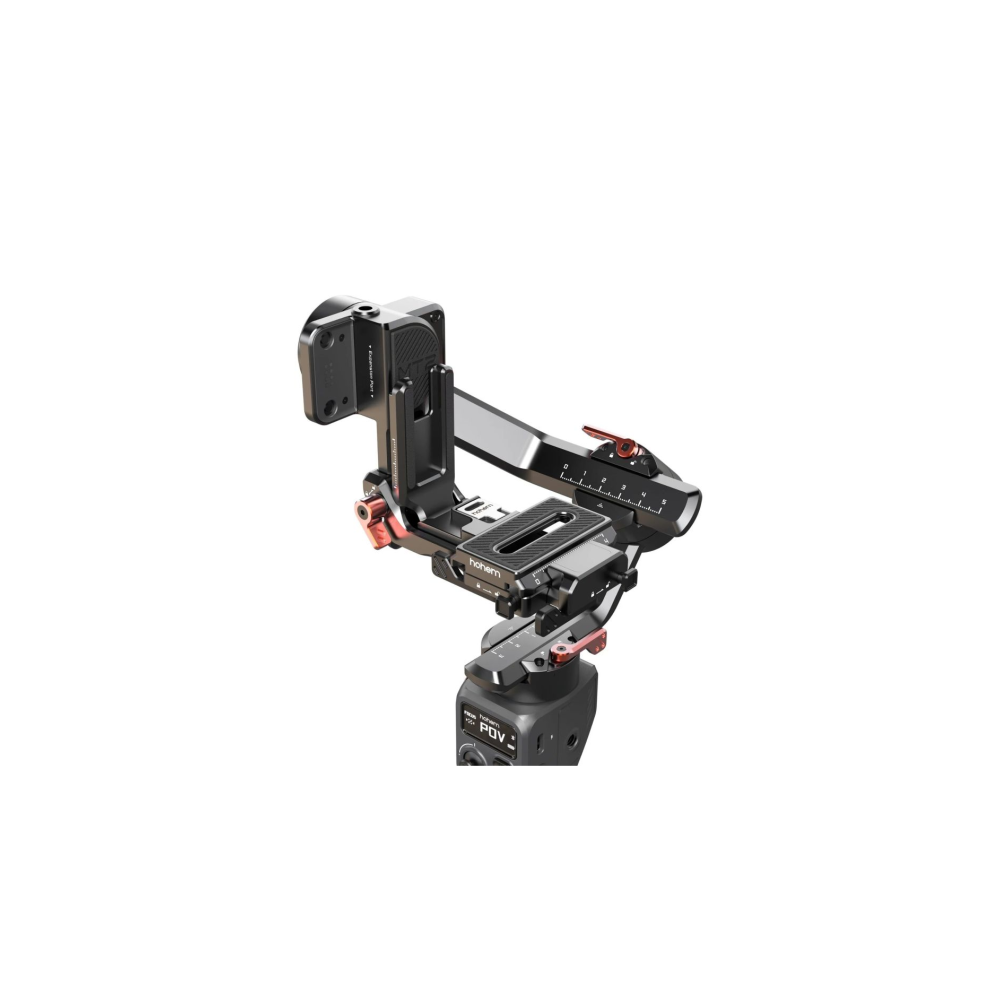 Czarny stabilizator gimbala z czerwonymi akcentami stoi na białym tle.