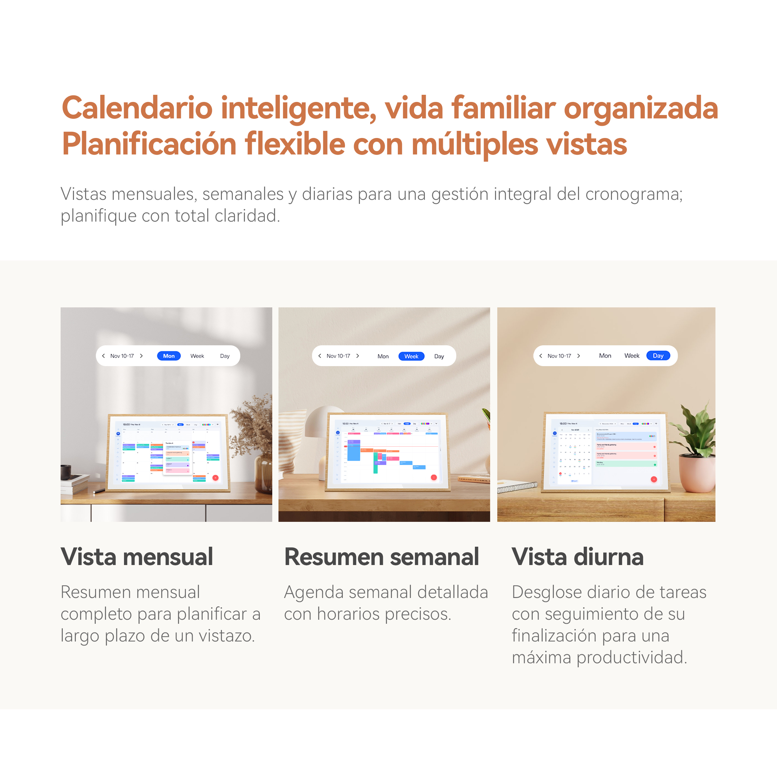 Tres vistas de calendario digital: mensual, semanal y diaria, sobre un escritorio de madera.