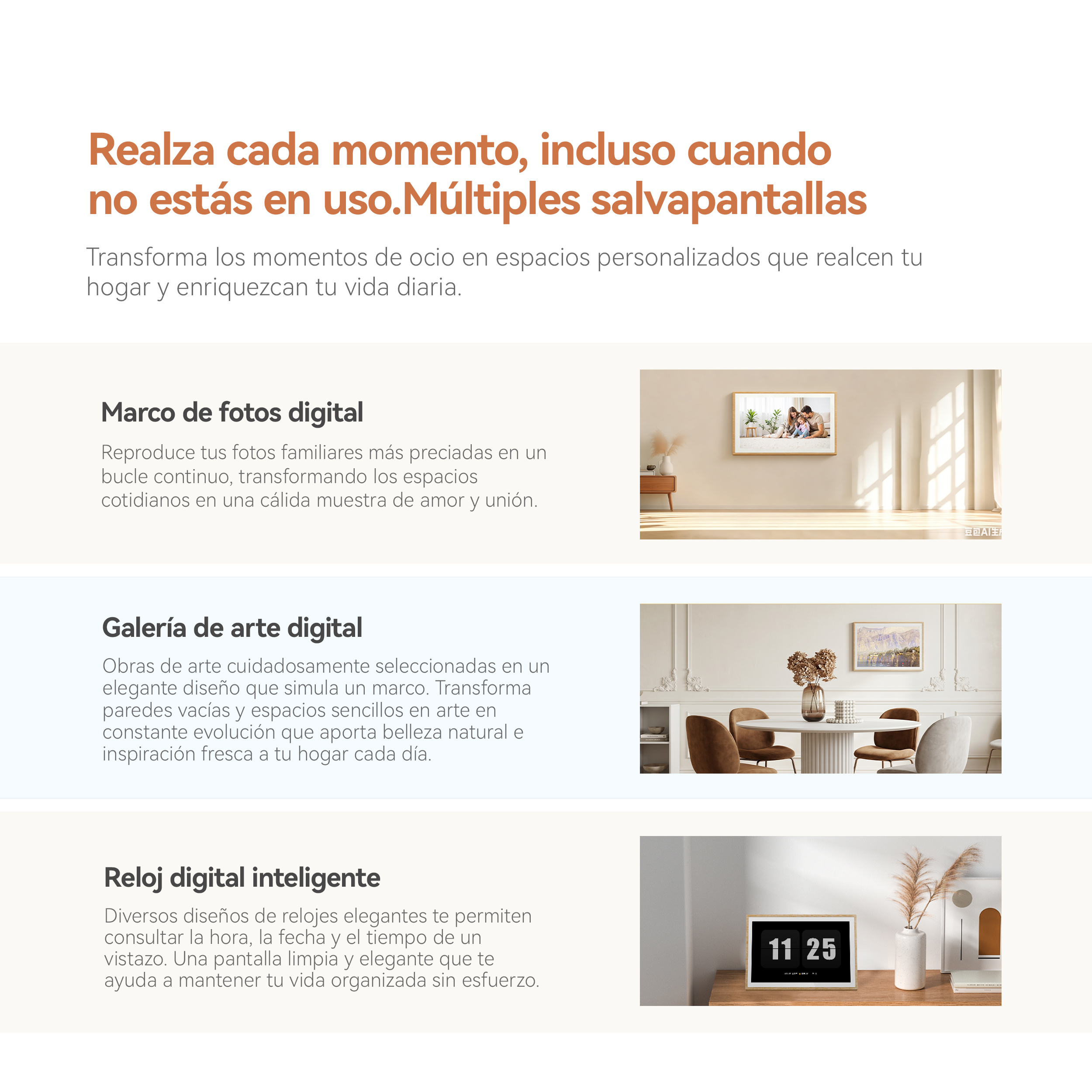 Una sala de estar con un marco de fotos digital que muestra una familia.