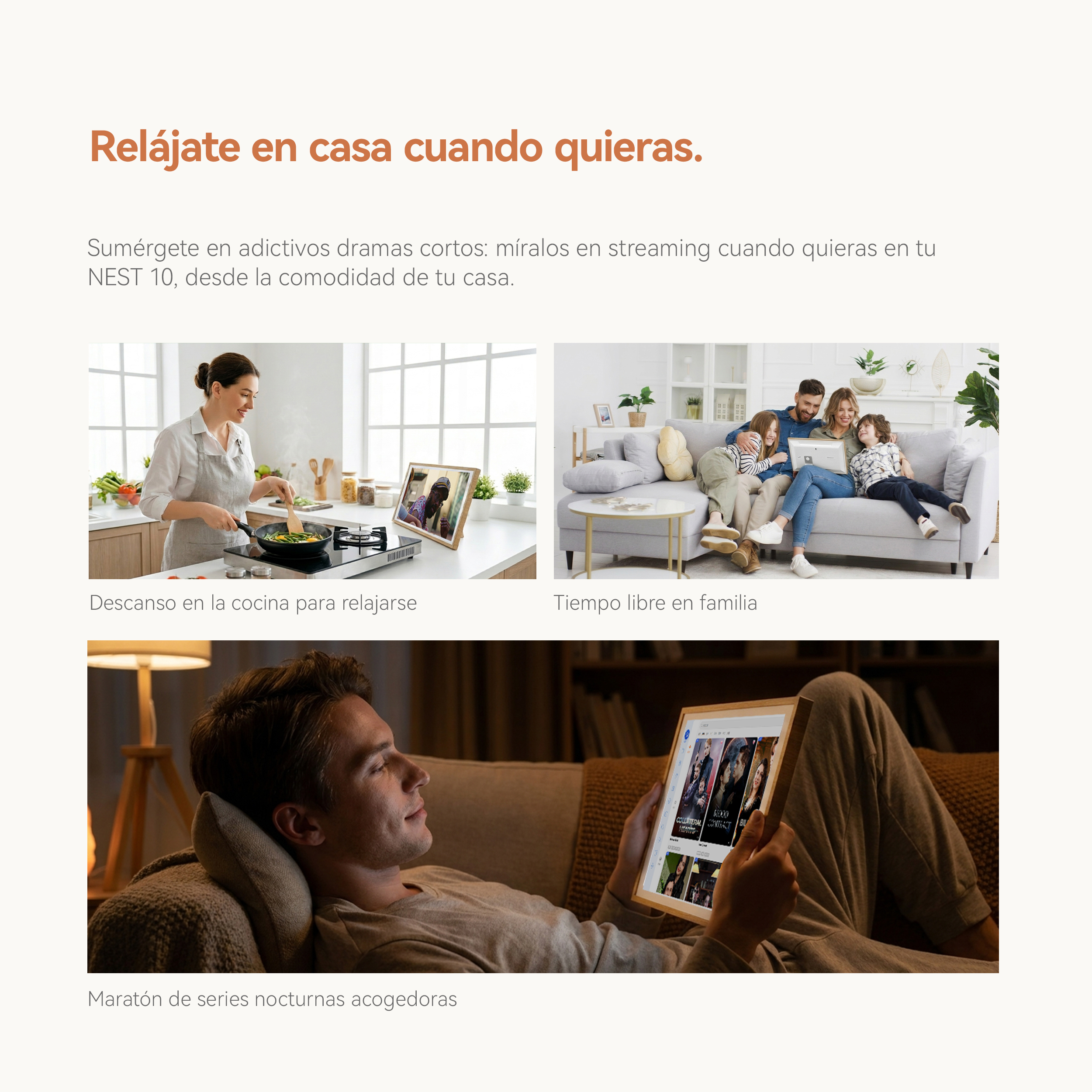Mujer cocina en cocina, familia en sofá, hombre en sofá con tablet.