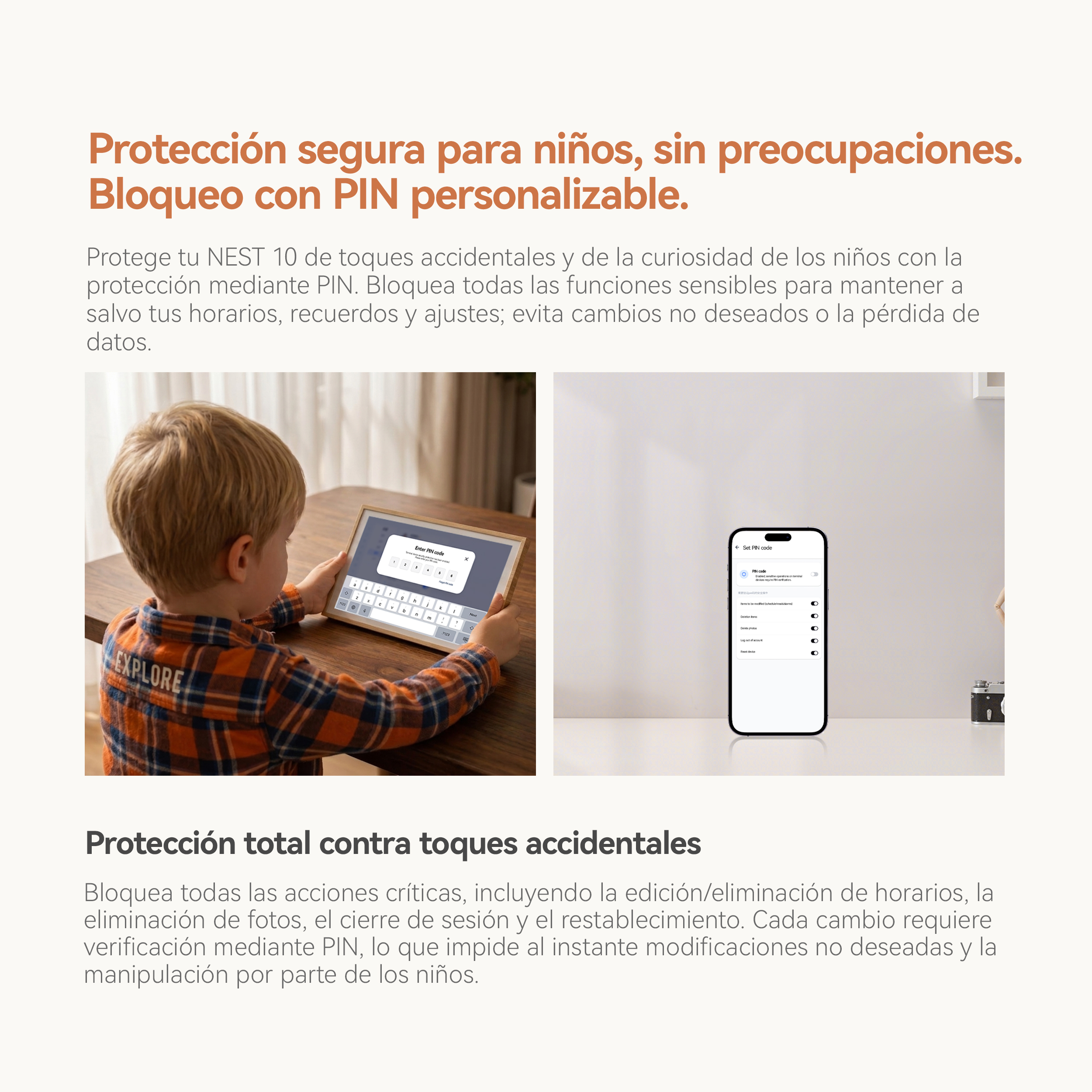 Un niño con camisa a cuadros usa una tablet para ingresar PIN. A su lado, un smartphone con ajustes.