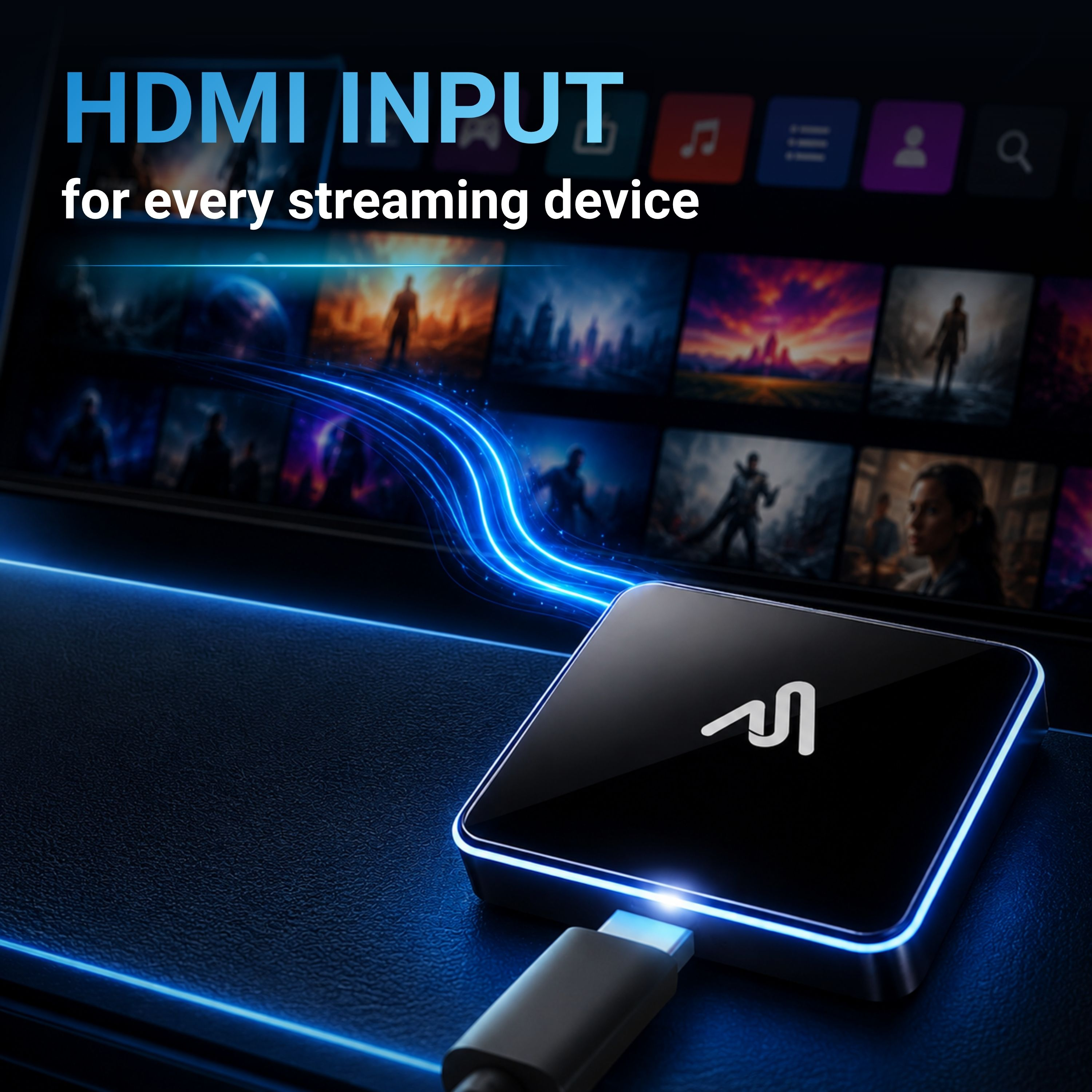 Schwarze Box mit HDMI-Kabelanschluss, verbunden mit einem Bildschirm voller Filmcover.