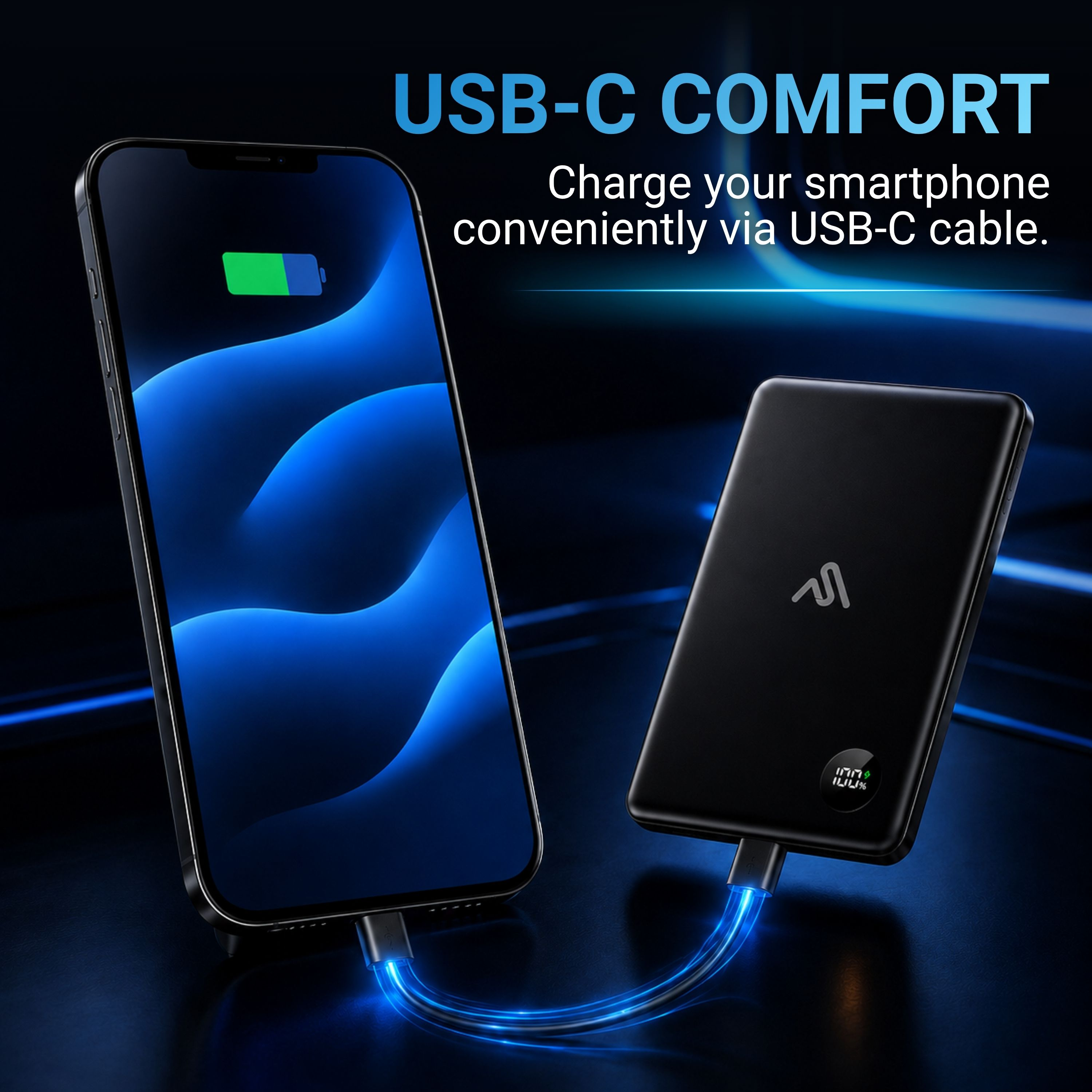 Un smartphone negro se conecta a un banco de energía mediante un cable USB-C iluminado en azul.