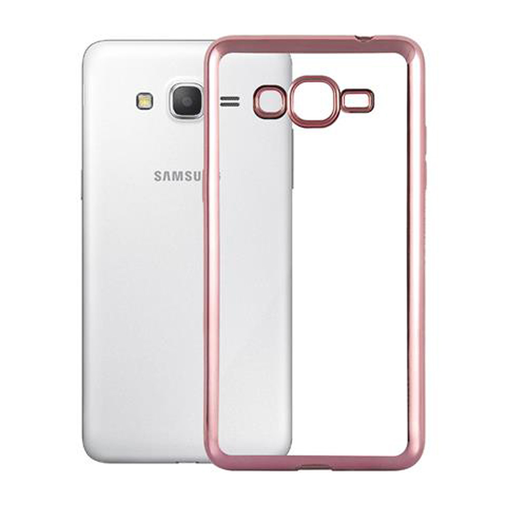 Weißes Samsung-Handy mit einer roségoldenen Handyhülle und Ausschnitten für Kamera und Tasten.