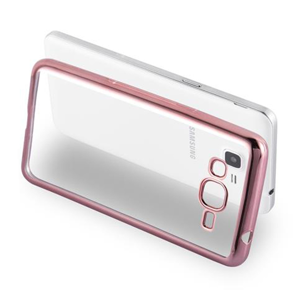 Ein durchsichtiges Smartphone mit einer roségoldenen Hülle, das auf einer weißen Oberfläche liegt.