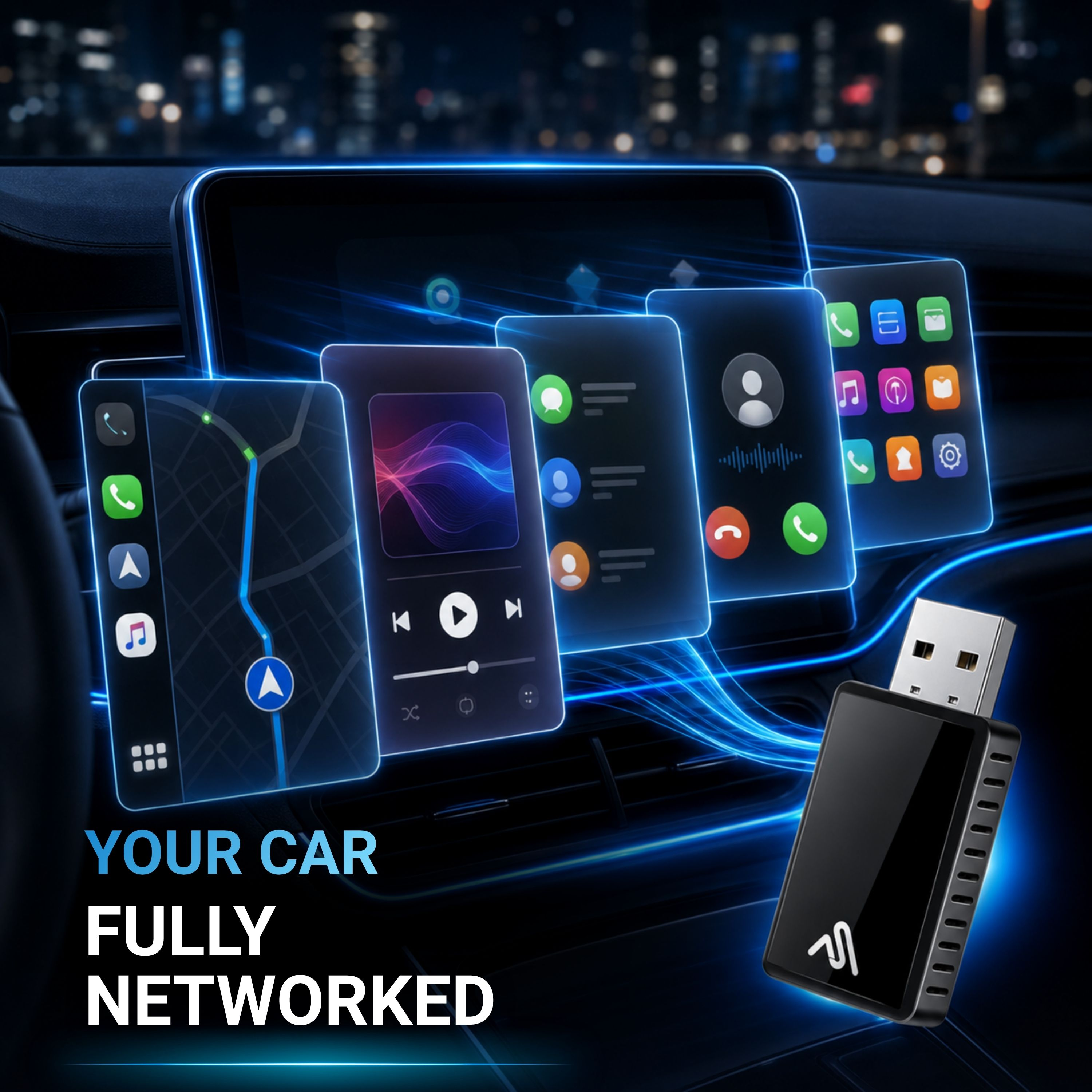 Una chiavetta USB in un sistema di infotainment per auto che mostra navigazione, musica e app.