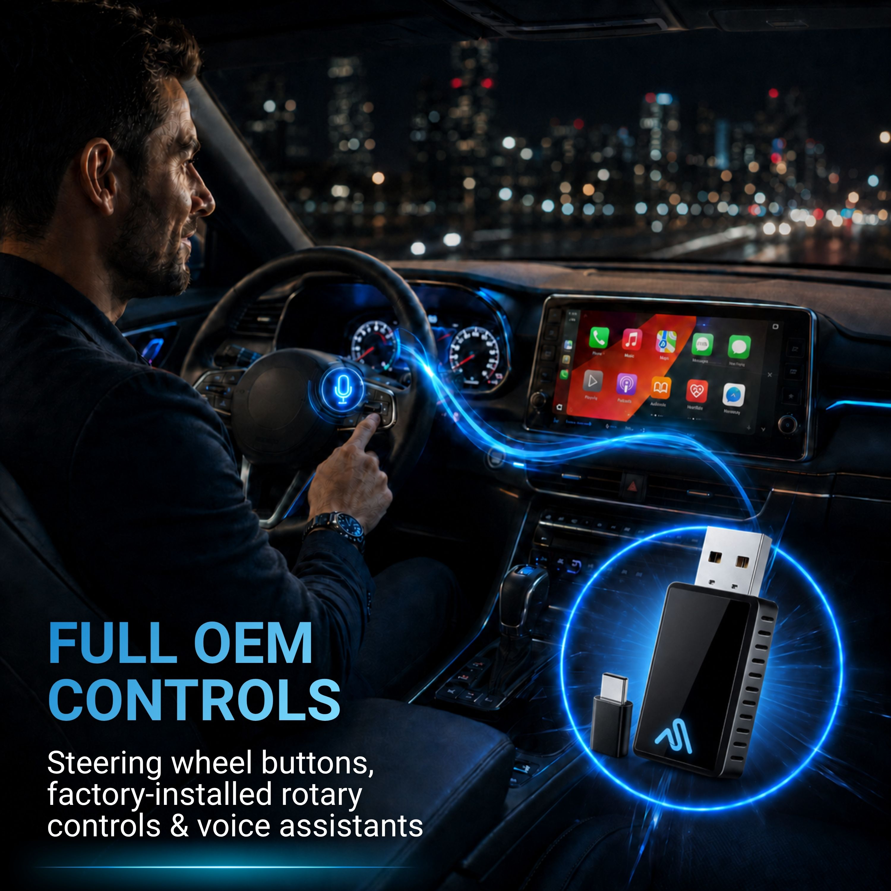 Uomo guida auto di notte, cruscotto con touchscreen, adattatore USB in primo piano.