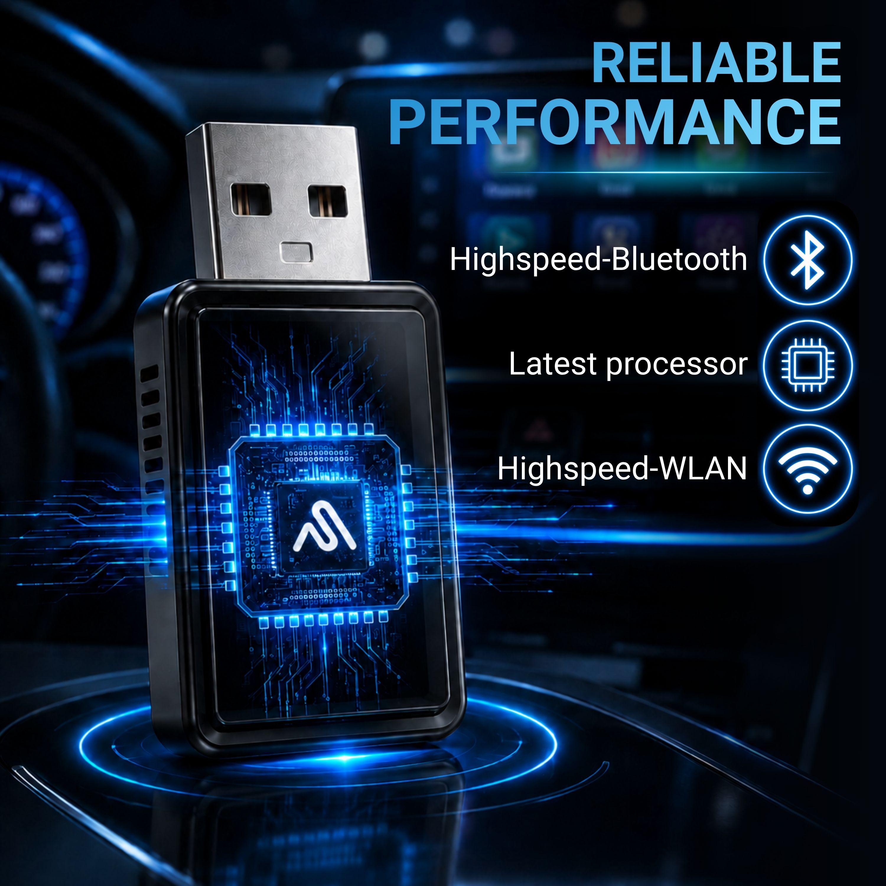 Un dongle USB con icone Bluetooth, processore e WLAN su sfondo scuro.