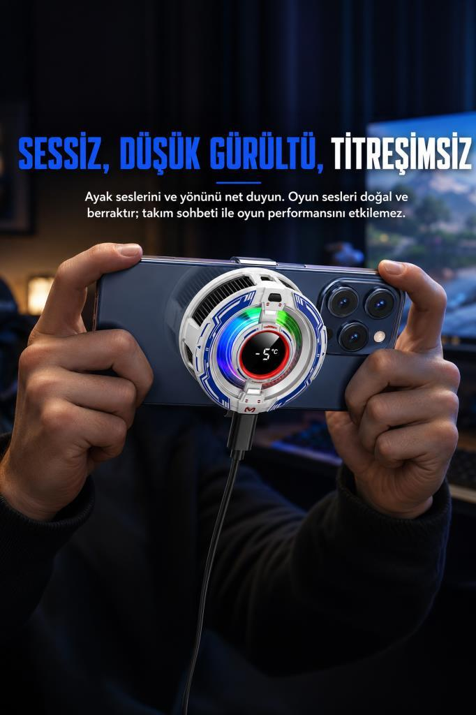 Bir adam fanlı soğutucu ile akıllı telefon tutuyor. Soğutucuda renkli LED'ler var ve -5°C gösteriyor.