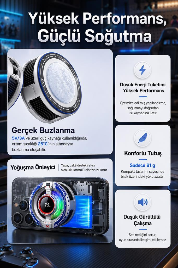 Sıcaklığı gösteren fanlı bir akıllı telefon. Avantajları listelenmiştir.