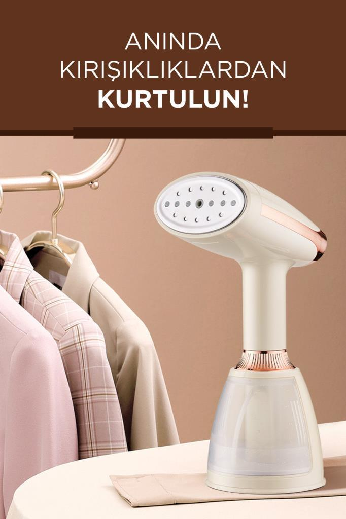 Askıdaki kıyafetlerin yanında elde taşınan buharlı ütü.