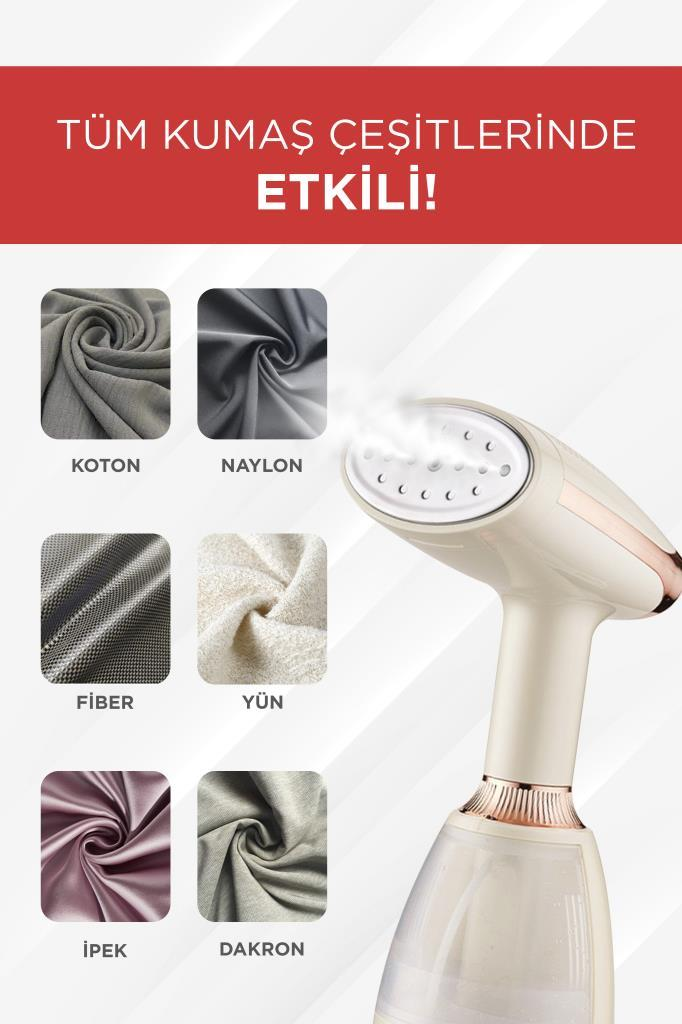 Buharlı ütü yanında kumaş örnekleri: pamuk, naylon, fiber, yün, ipek, dakron.