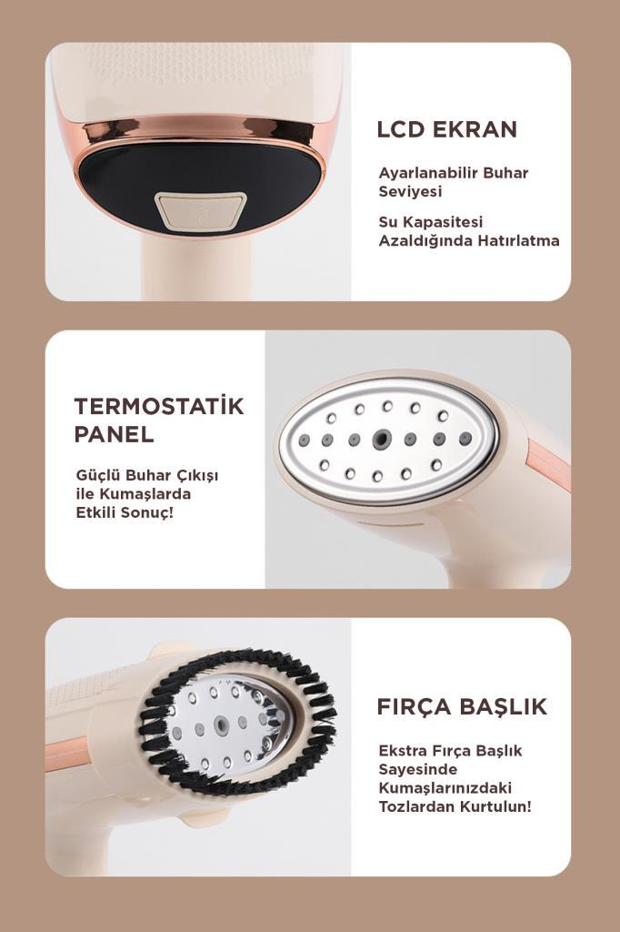LCD ekranlı, termostat panelli, fırça başlıklı buharlı ütü.