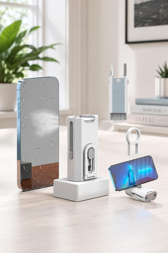 Ahşap masa üzerinde sprey, fırça ve stantlı telefon temizleme kiti.