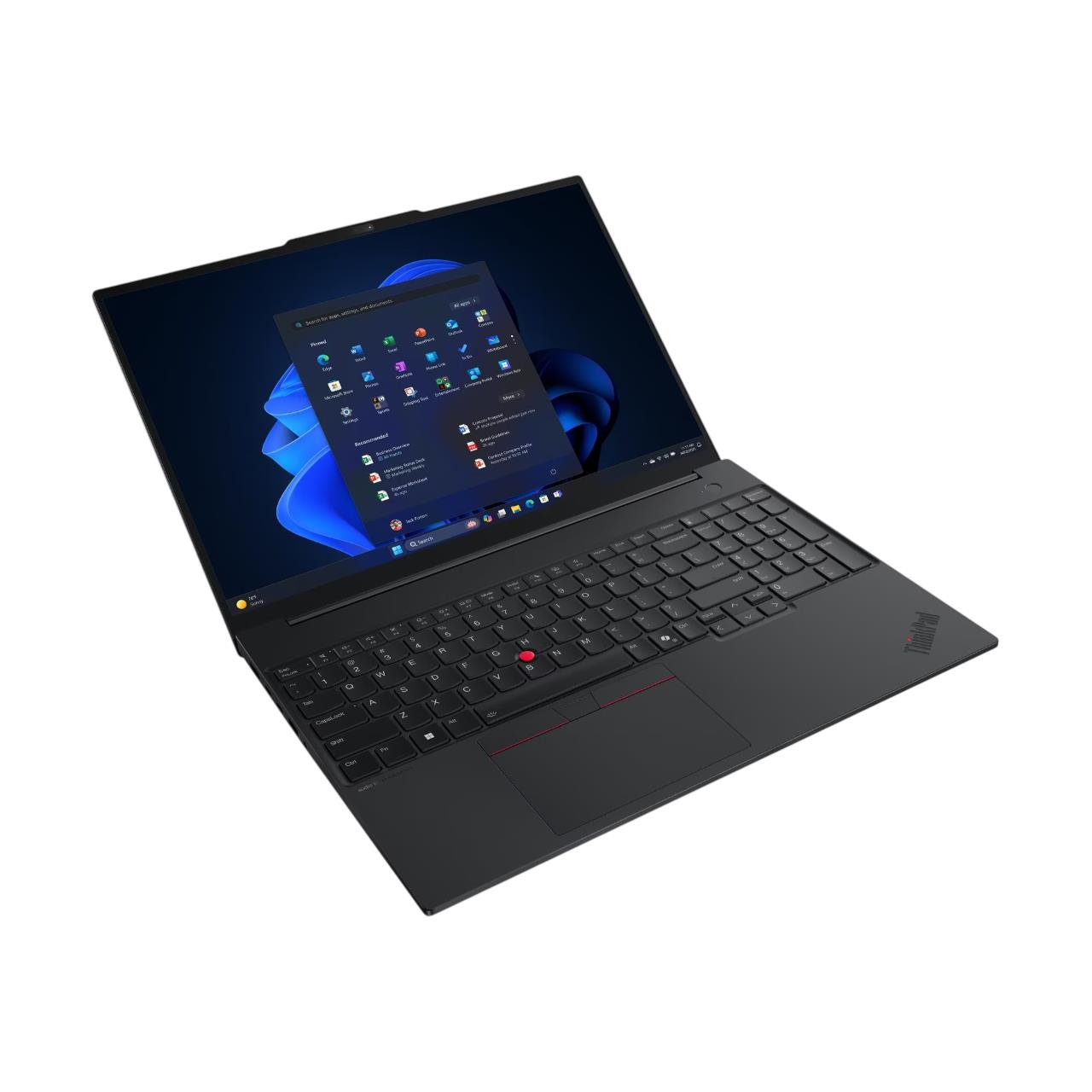 Açık siyah bir Lenovo ThinkPad dizüstü bilgisayarda Windows 11 başlangıç menüsü gösteriliyor.