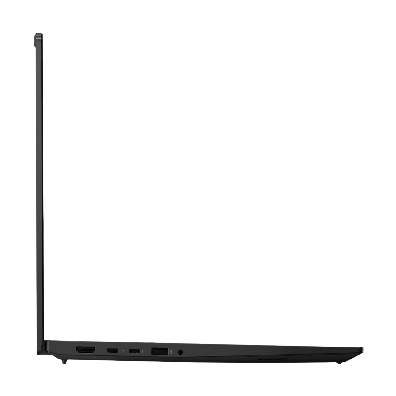 Yan taraftan gösterilen siyah dizüstü bilgisayar, HDMI ve USB-C gibi bağlantı noktalarına sahip.
