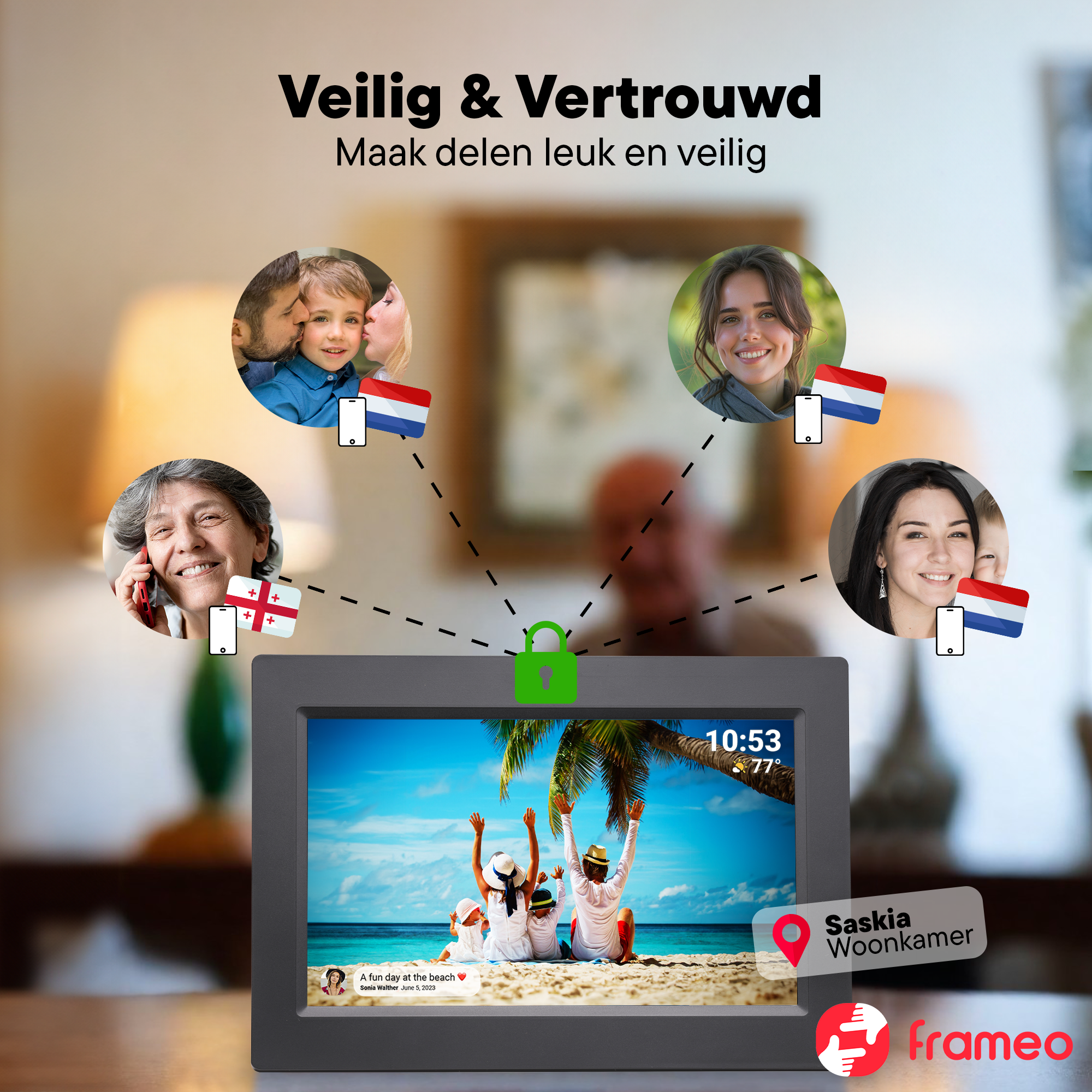 Ein digitaler Bilderrahmen zeigt ein Strandfoto mit einer Familie. Oben sind vier Porträts mit Flaggen.