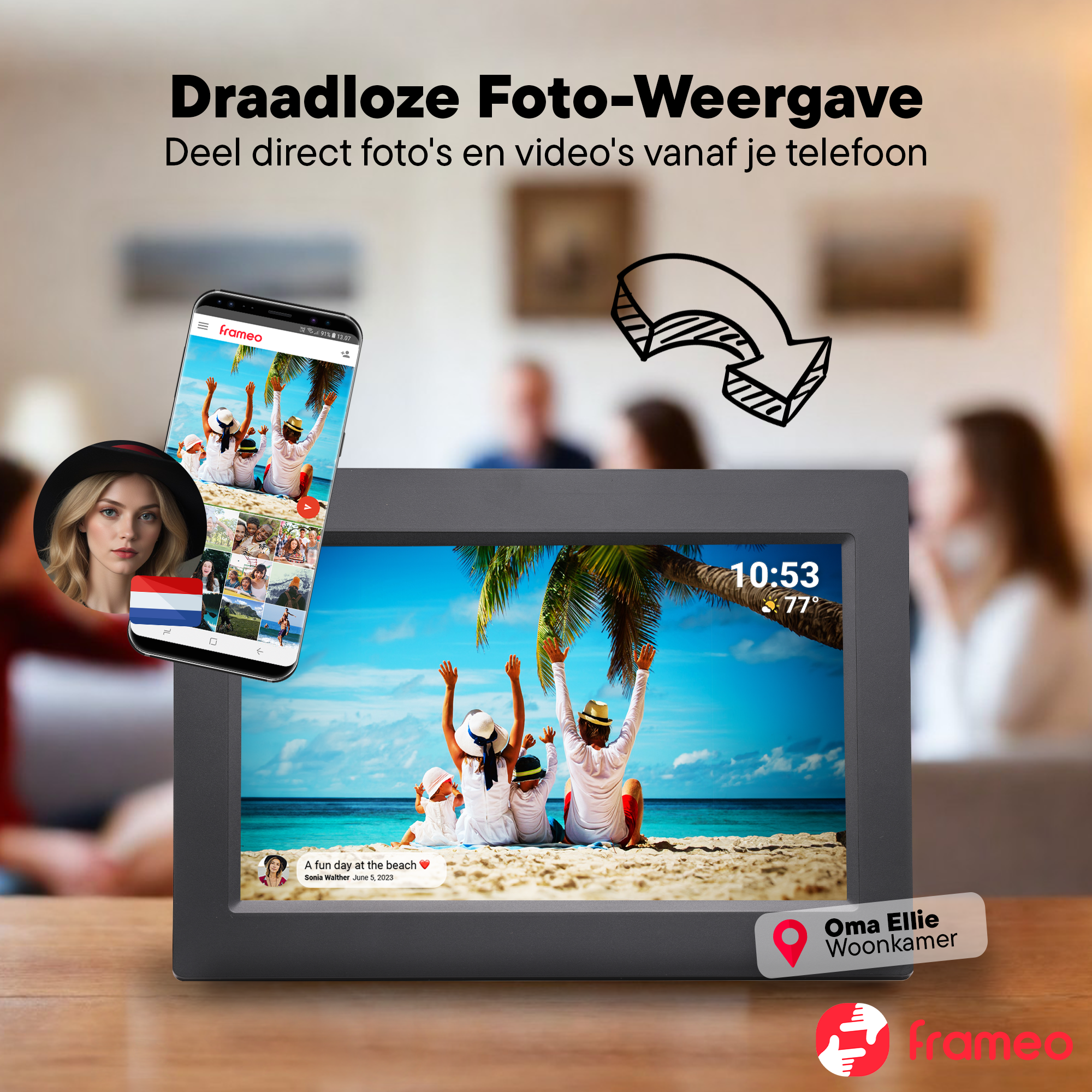 Digitaler Bilderrahmen zeigt Familie am Strand. Handy daneben.