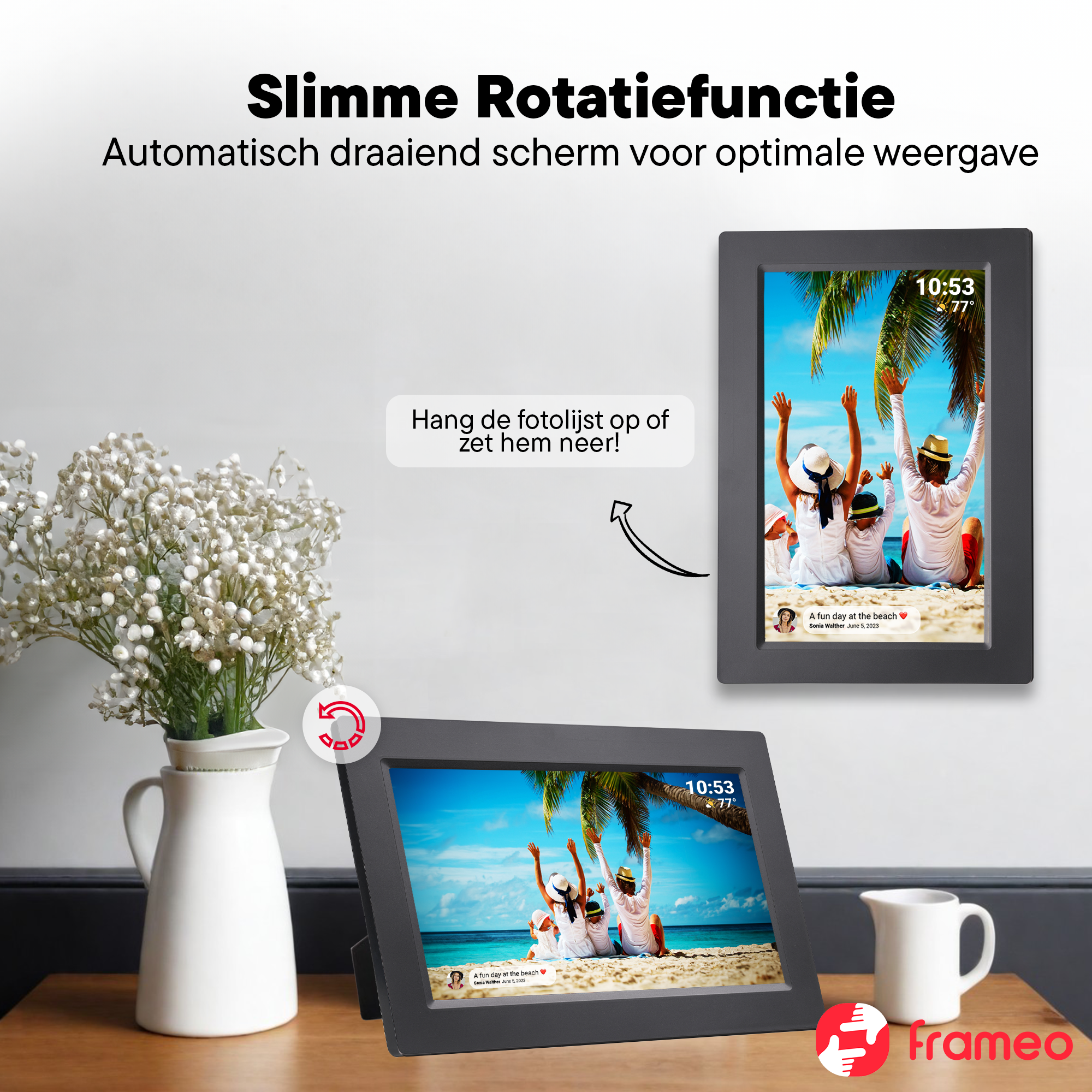 Digitaler Bilderrahmen zeigt Familie am Strand. Text: "Schlaue Rotationsfunktion."