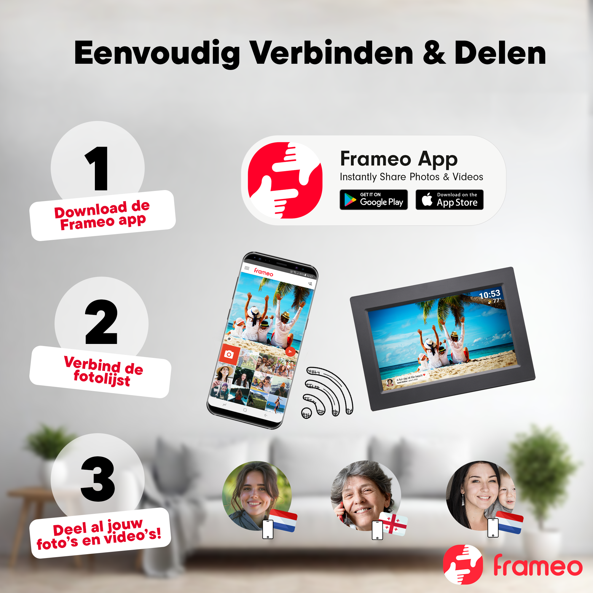 Schritt-für-Schritt-Anleitung für die Frameo App: Download, Verbindung und Teilen von Fotos.