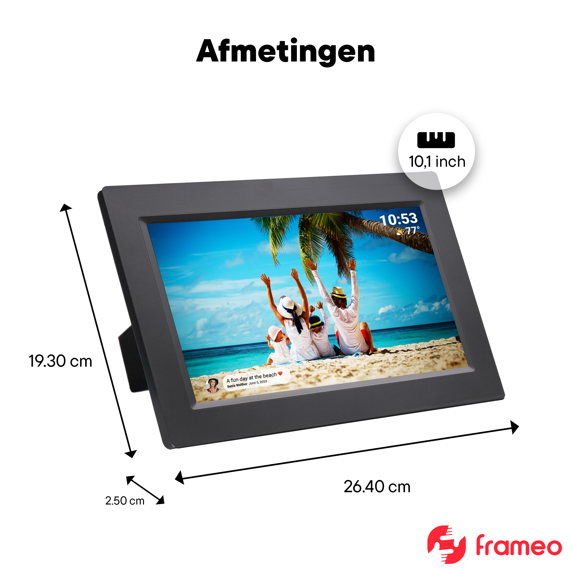 Ein digitaler Bilderrahmen mit einem Strandfoto und Maßen.