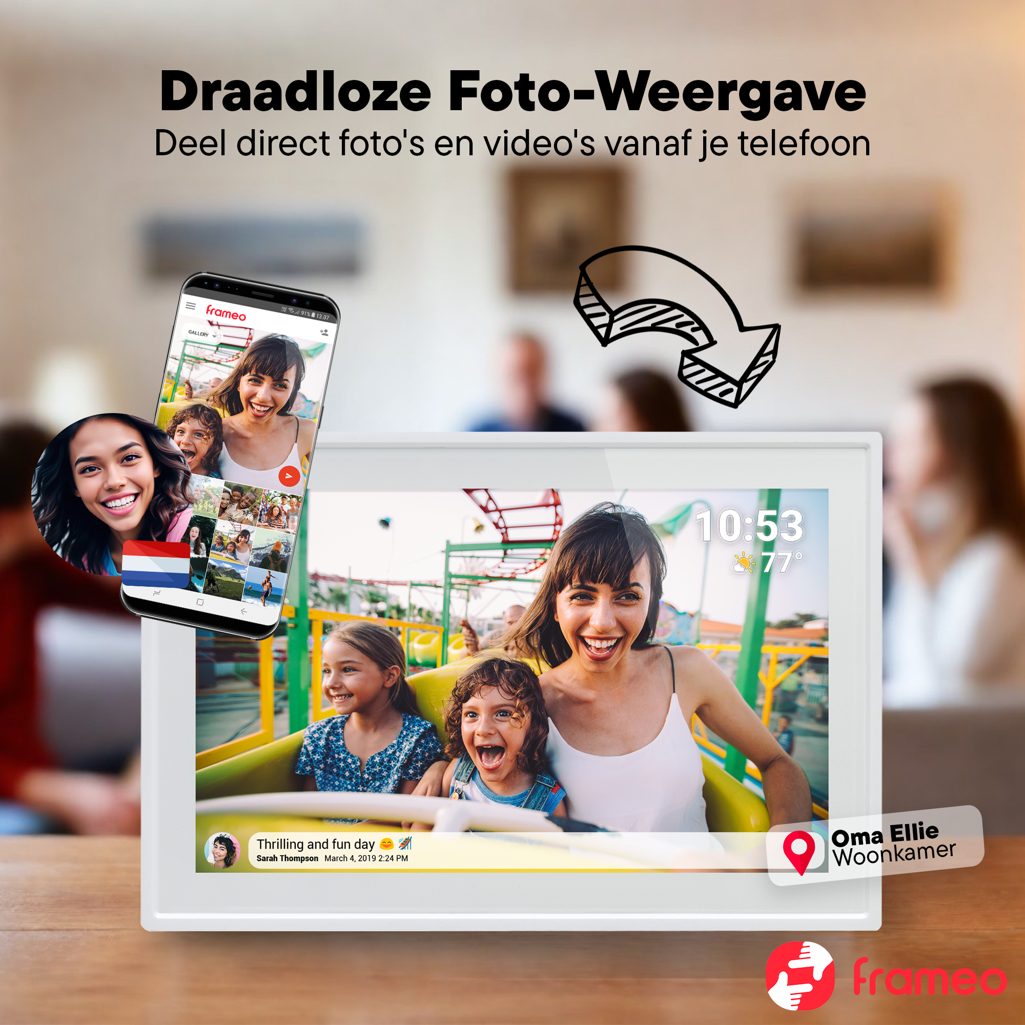 Ein Smartphone zeigt eine Familie auf einer Achterbahn, daneben ein digitaler Bilderrahmen.