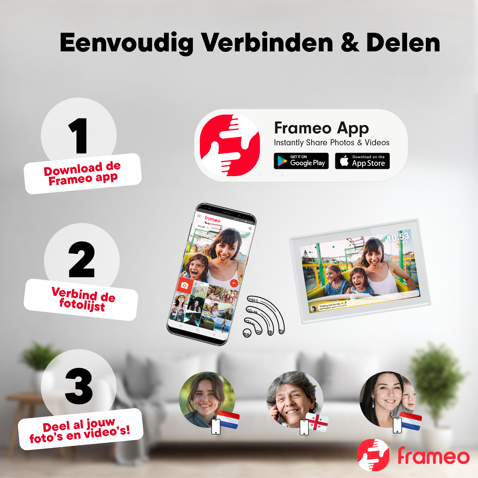 Anleitung: App herunterladen, Fotorahmen verbinden, Fotos teilen. Mit App-Icons.