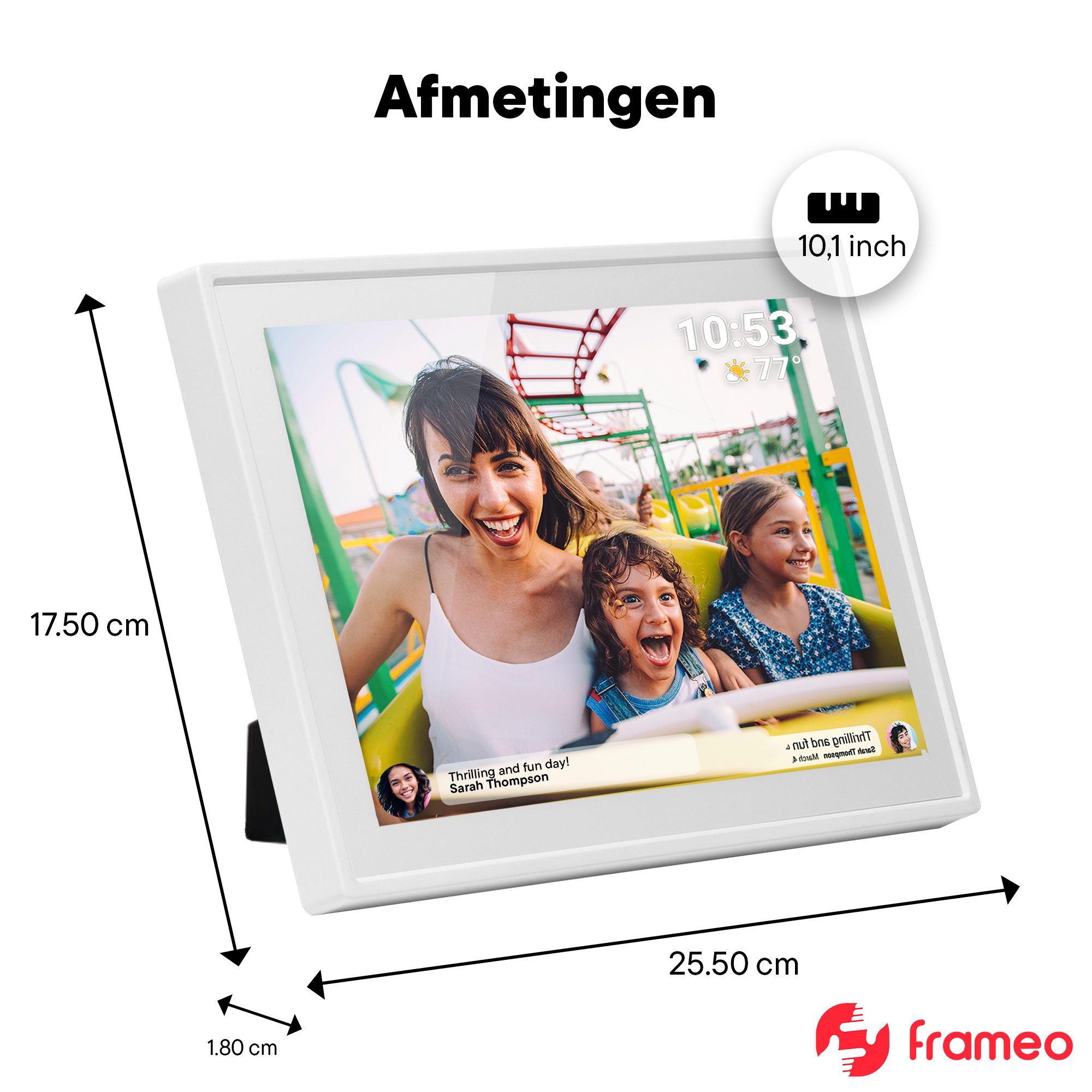 Ein digitaler Bilderrahmen zeigt eine Familie auf einer Achterbahn. Maße: 17,5x25,5x1,8 cm.