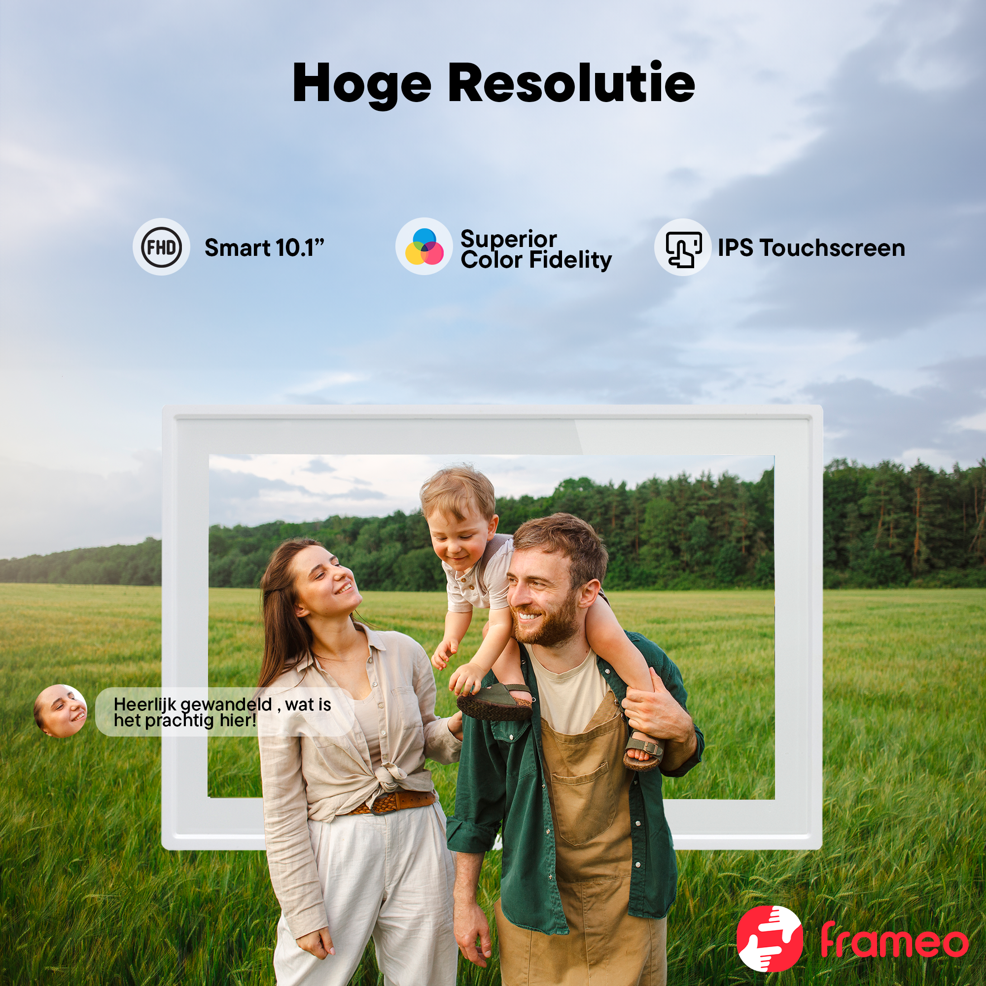 Familie buiten voor digitaal scherm, met tekst over resolutie en touchscreen.