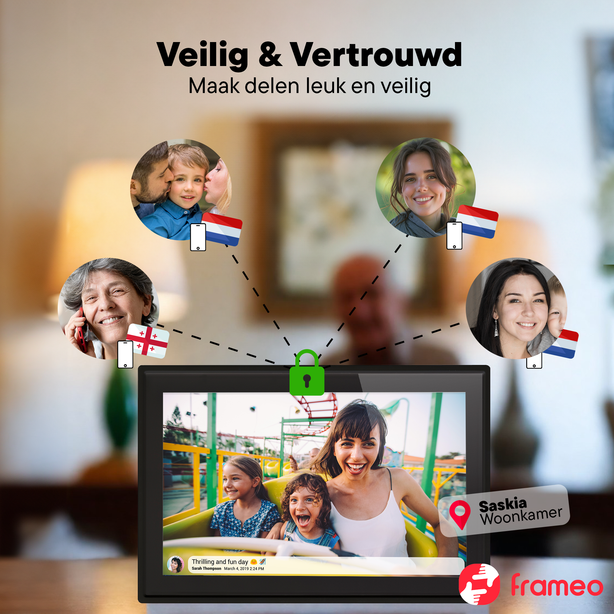 Sicheres Teilen: Ein Tablet zeigt ein Foto von einer Familie auf einem Fahrgeschäft.