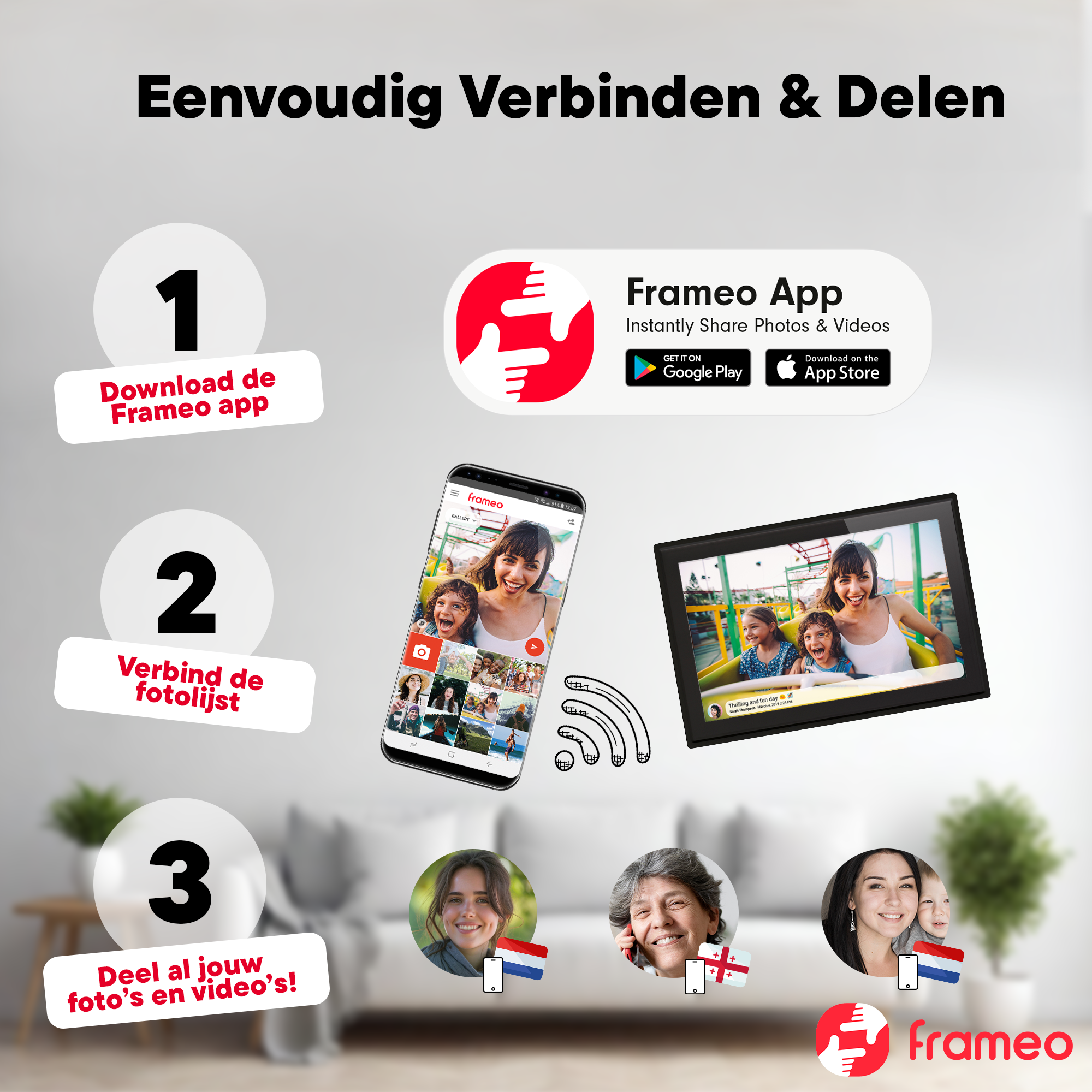 Anleitung zur Frameo-App: Herunterladen, verbinden, teilen. Mit Handy und Bilderrahmen.