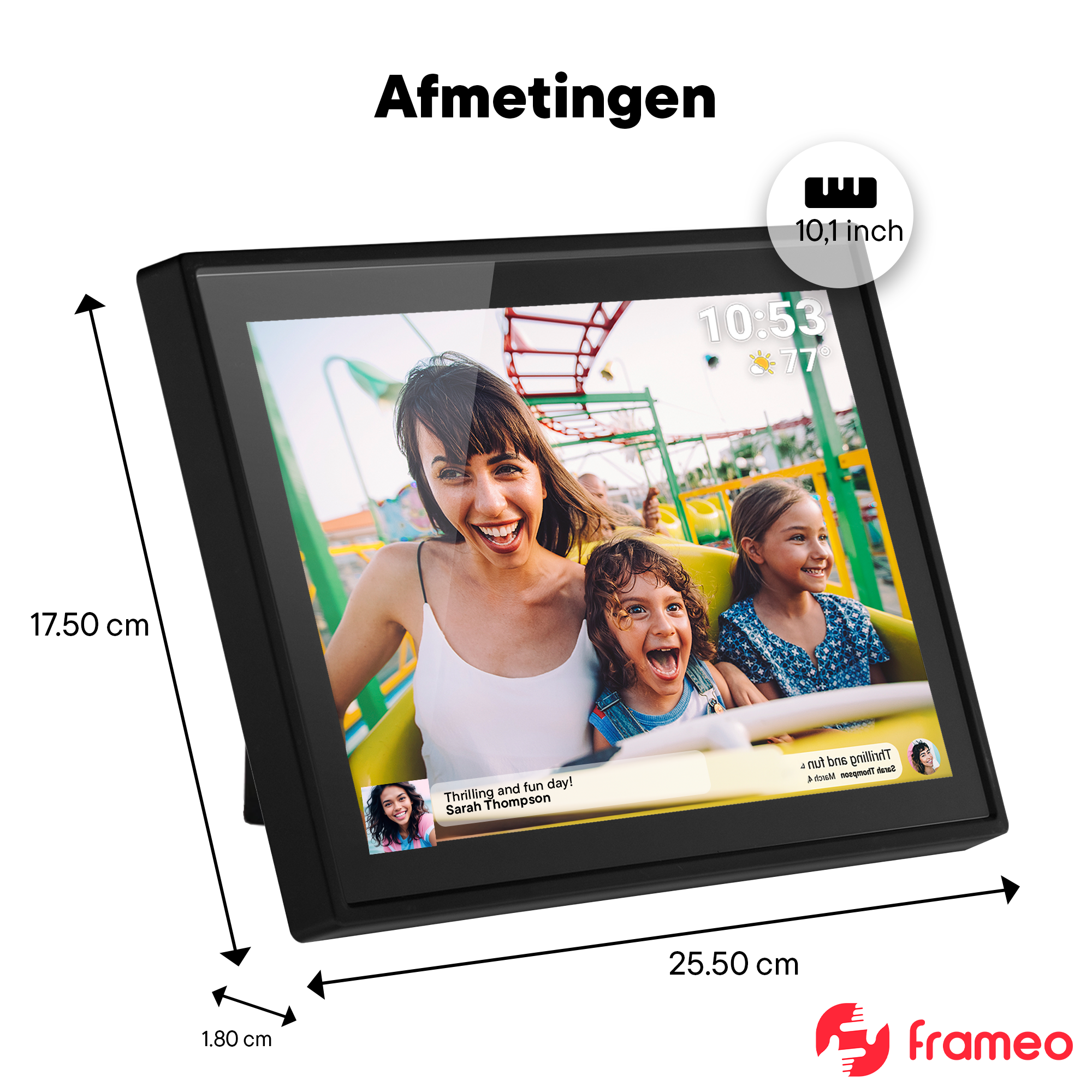 Ein digitaler Bilderrahmen zeigt eine Familie auf einer Achterbahnfahrt.