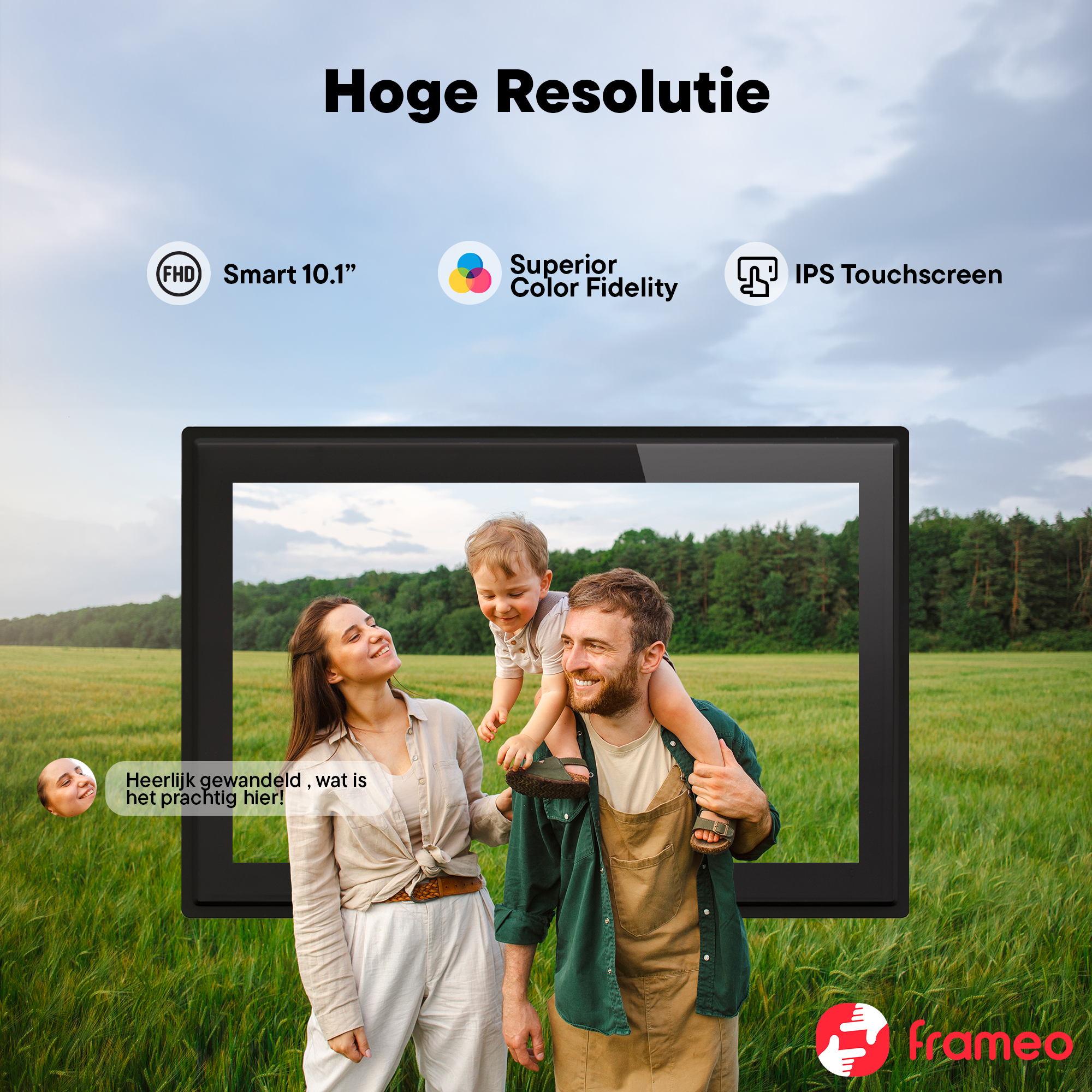 A family of three in a field, displayed on a digital frame.