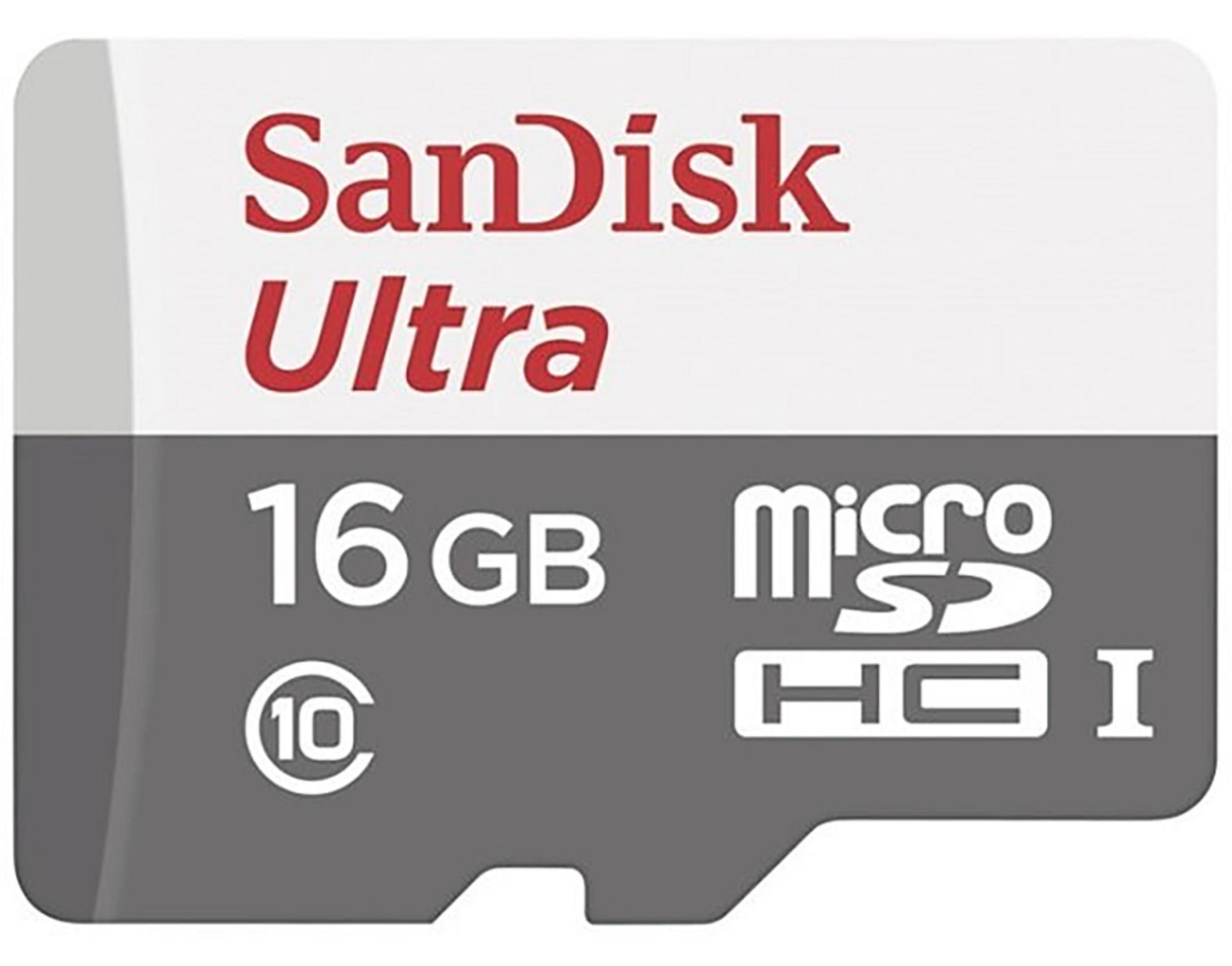 SanDisk Ultra 16 GB MicroSDHC hafıza kartı, Sınıf 10 işaretli.