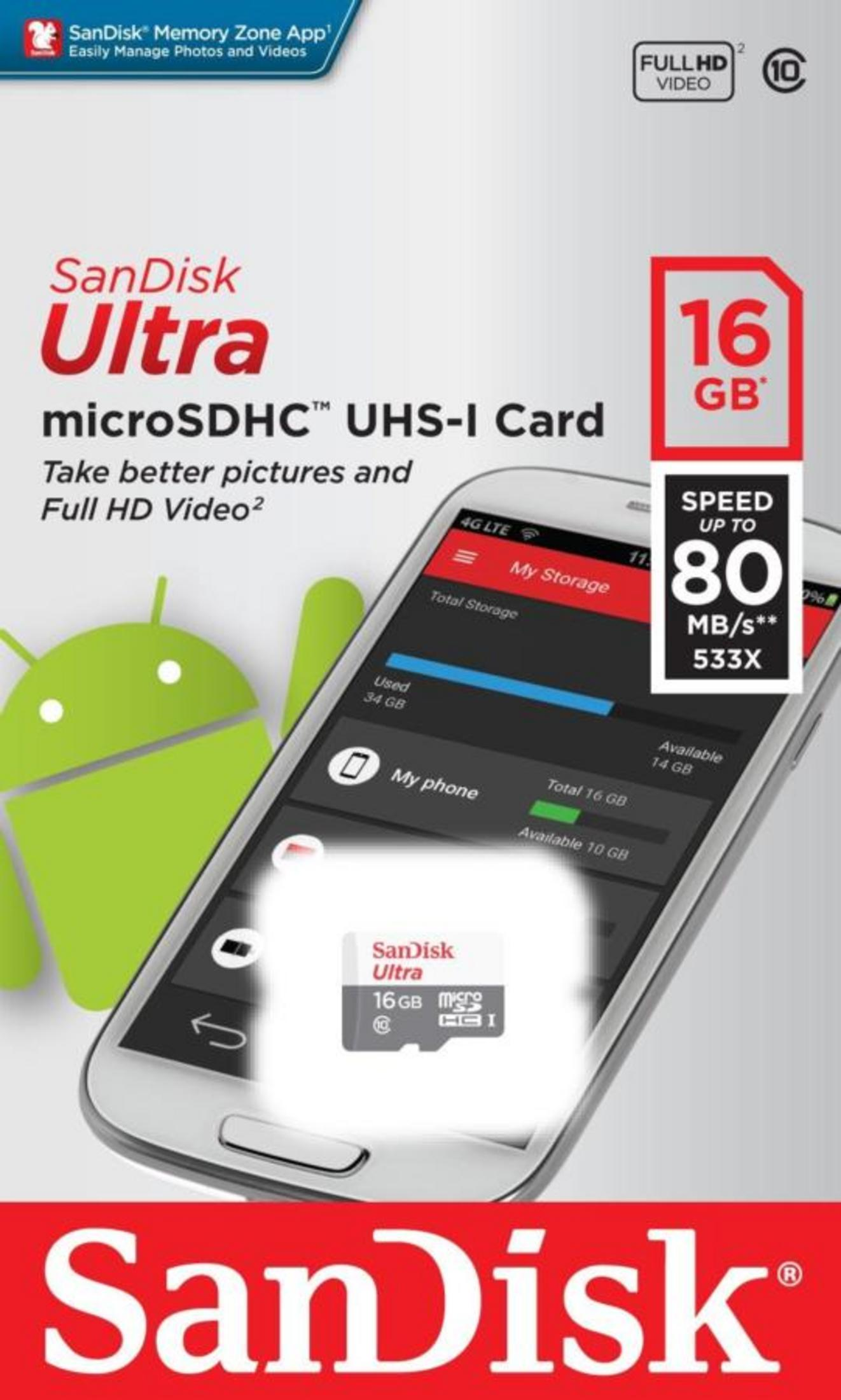 Android logolu akıllı telefonda SanDisk Ultra microSDHC kartı.