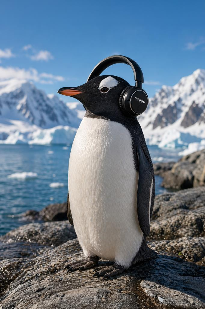 Kulaklıklı bir penguen, karlı dağların olduğu denizde kayaların üzerinde duruyor.
