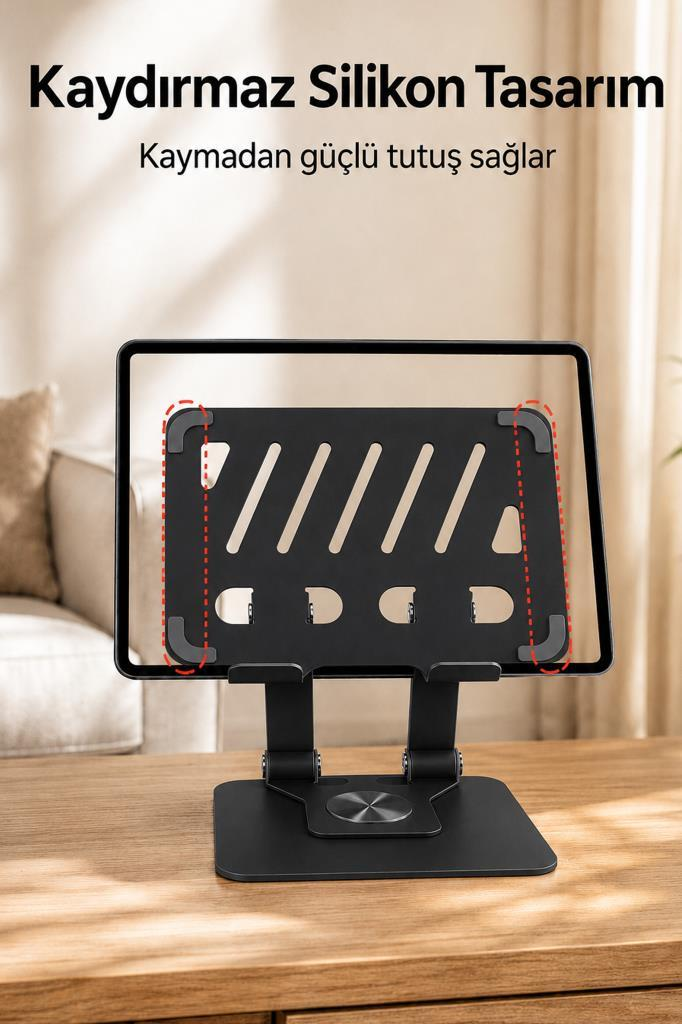 Ahşap masa üzerinde tablet tutan siyah tablet standı.